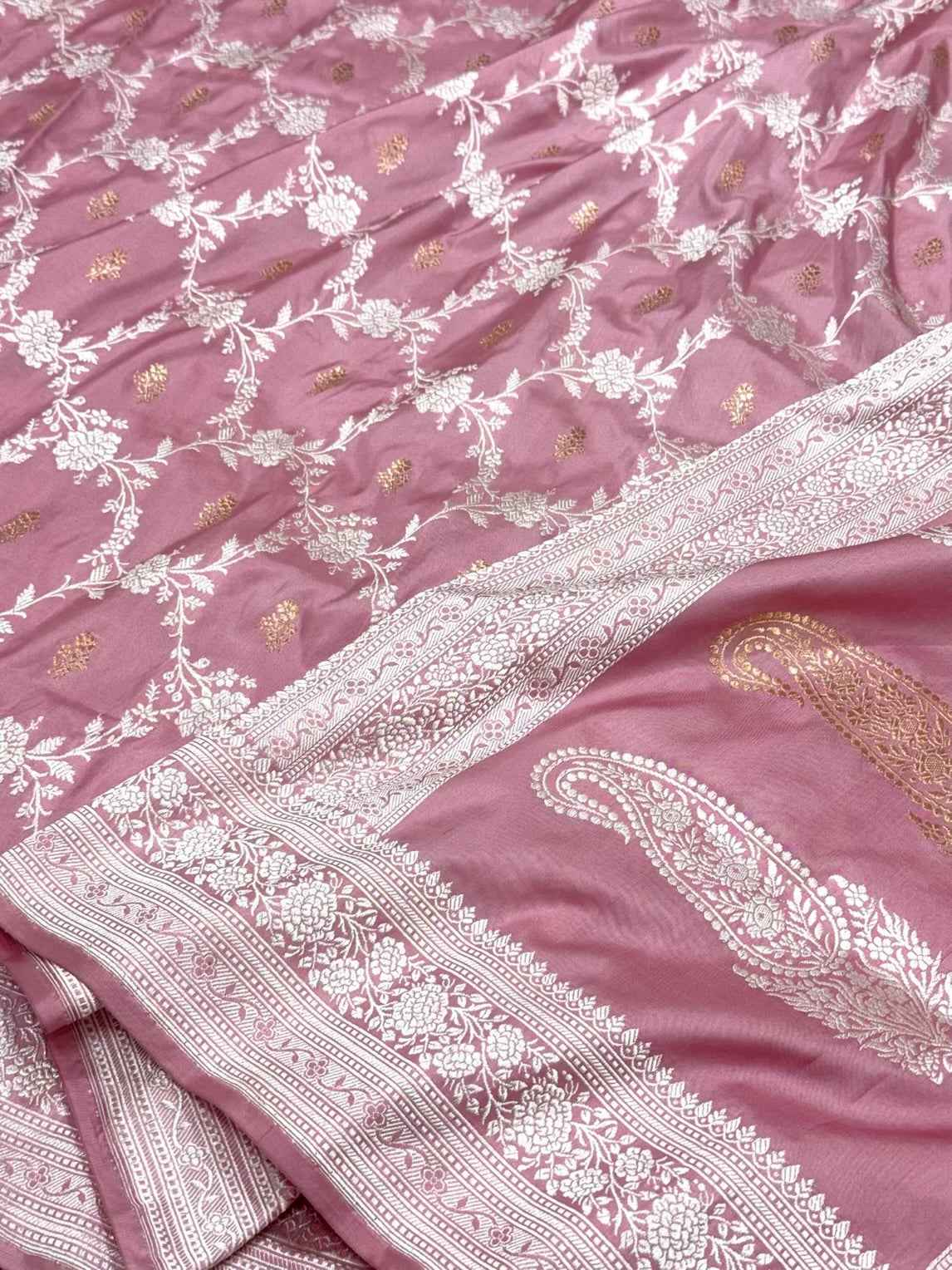 Pastel Pink Pure Silk Saree-Handwoven Pure Katan Mulberry Silk Banarasi Saree | Kadhwa Technique | Banarasi Elegance