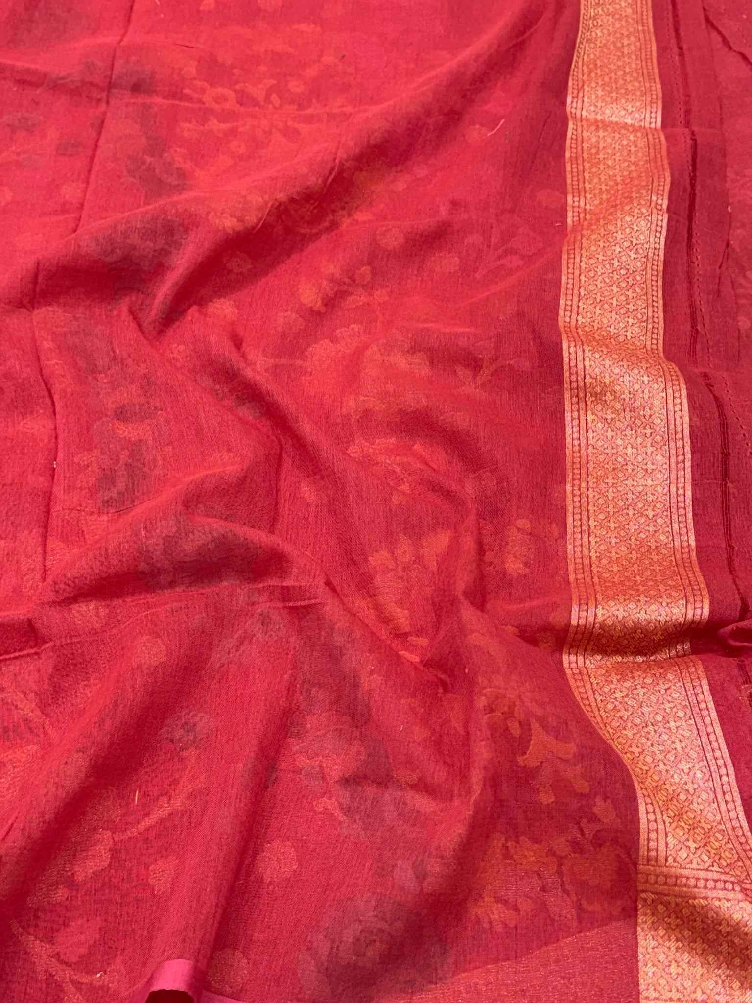 Maroon Pure Muslin Cotton Handloom Banarasi Saree with Ektara + Jamdani Weave
