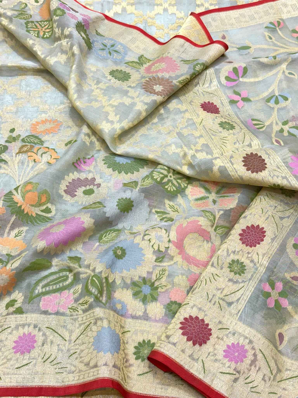 Pastel Green Pure Mulberry Kora Silk | Ektara Technique | Jamdani Handloom Contemporary Banarasi Modern Saree