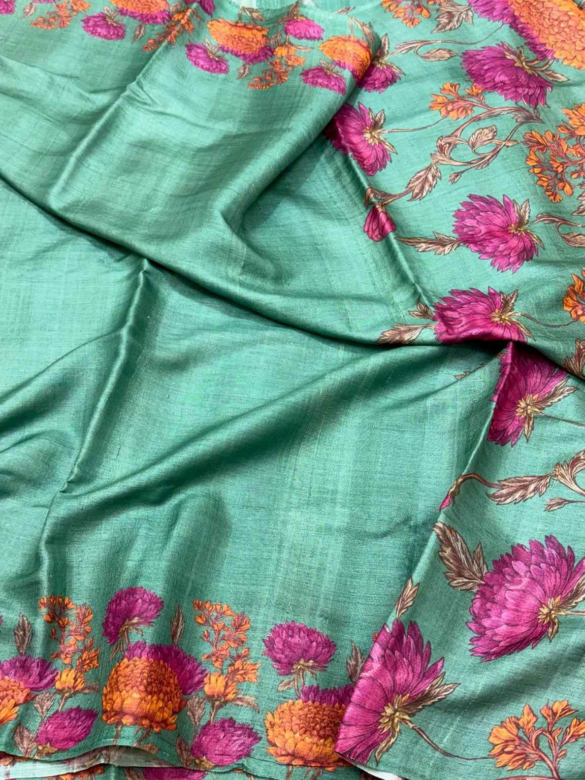 Green Pure Tussar Silk Handloom Printed Banarasi Saree - Soft Lightweight Banarasi Saree