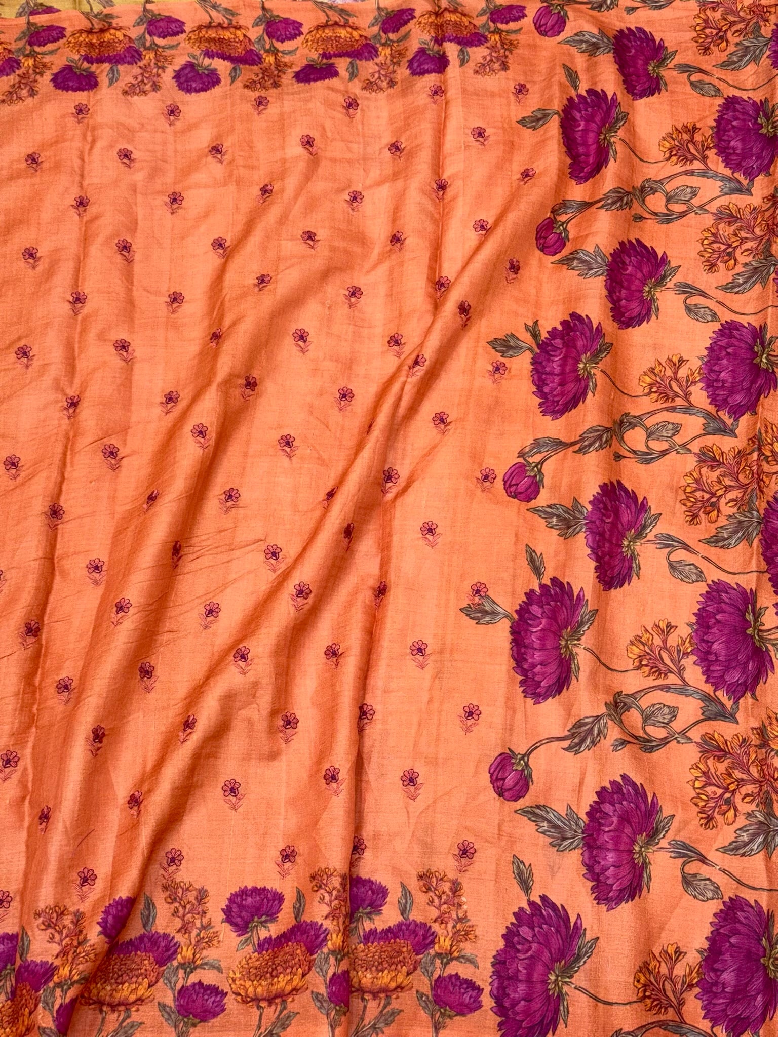 Peach Orange Pure Tussar Silk Handloom Printed with Embroidery Banarasi Saree - Soft Lightweight Banarasi Saree