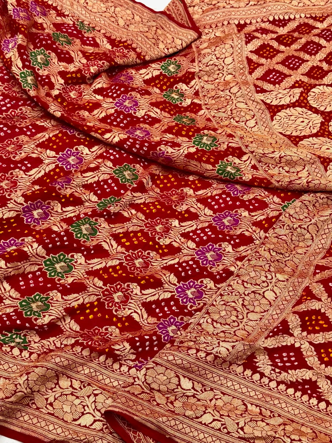 Red Pure Chiffon Georgette Soft Drape Lightweight Bandhej Saree | Handloom Contemporary Banarasi Saree