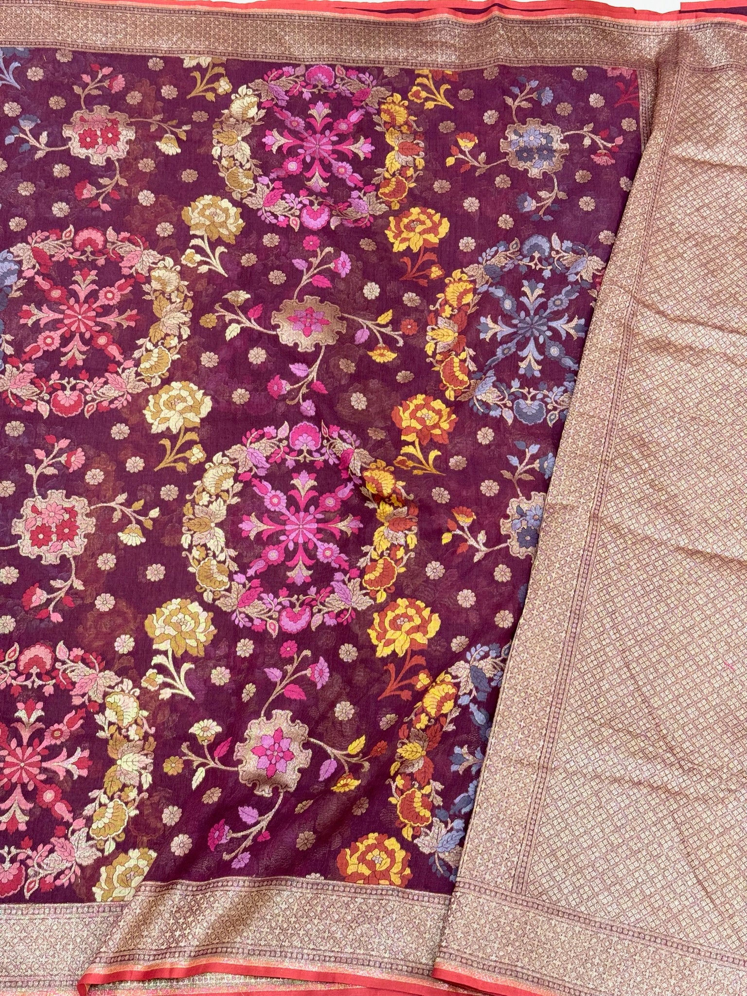 Wine Pure Muslin Cotton Jamdani Ektara Weave Handloom Banarasi Saree