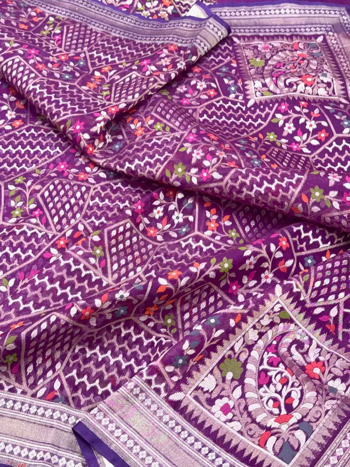 Magenta/Purple Pure Kora Silk Saree Ektara weave | Pure Mulberry Silk Handwoven Banarasi Saree