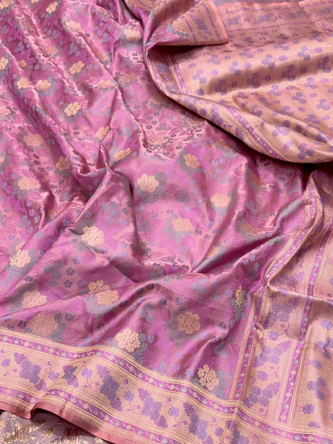 Baby Pink Pure Mashru Satin Silk Handwoven Banarasi Saree- Tanchoi