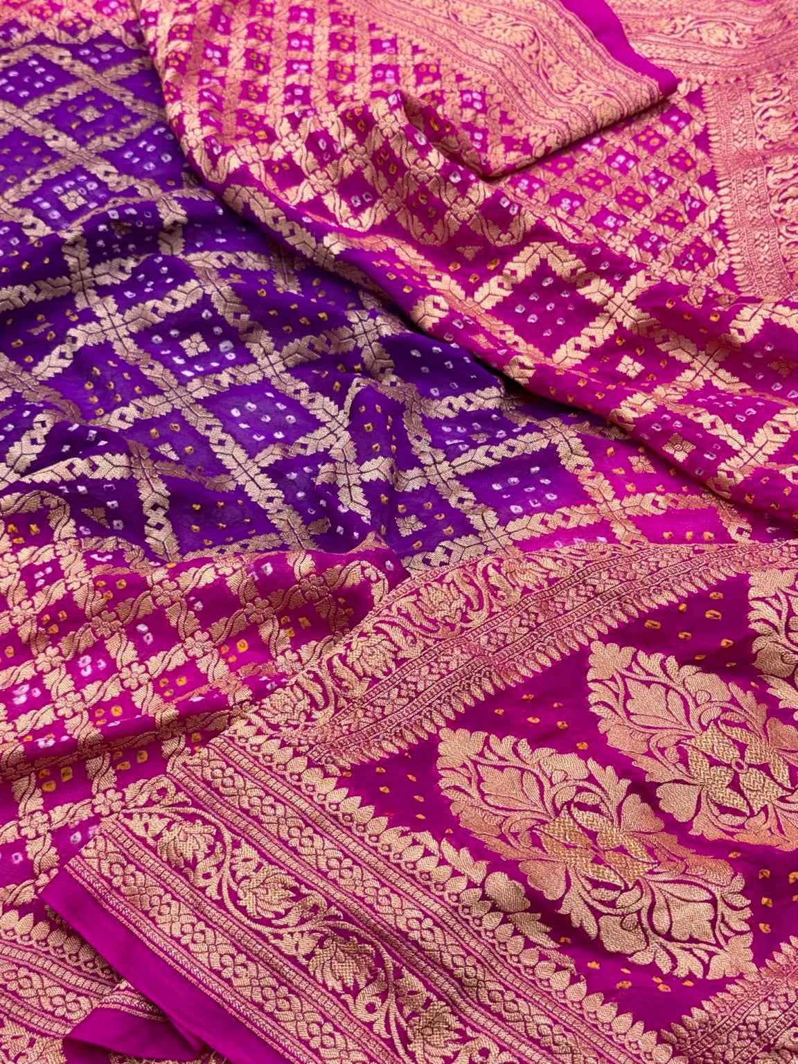 Rani Pink Pure Chiffon Georgette Soft Drape Lightweight Bandhej Saree | Handloom Banarasi Saree