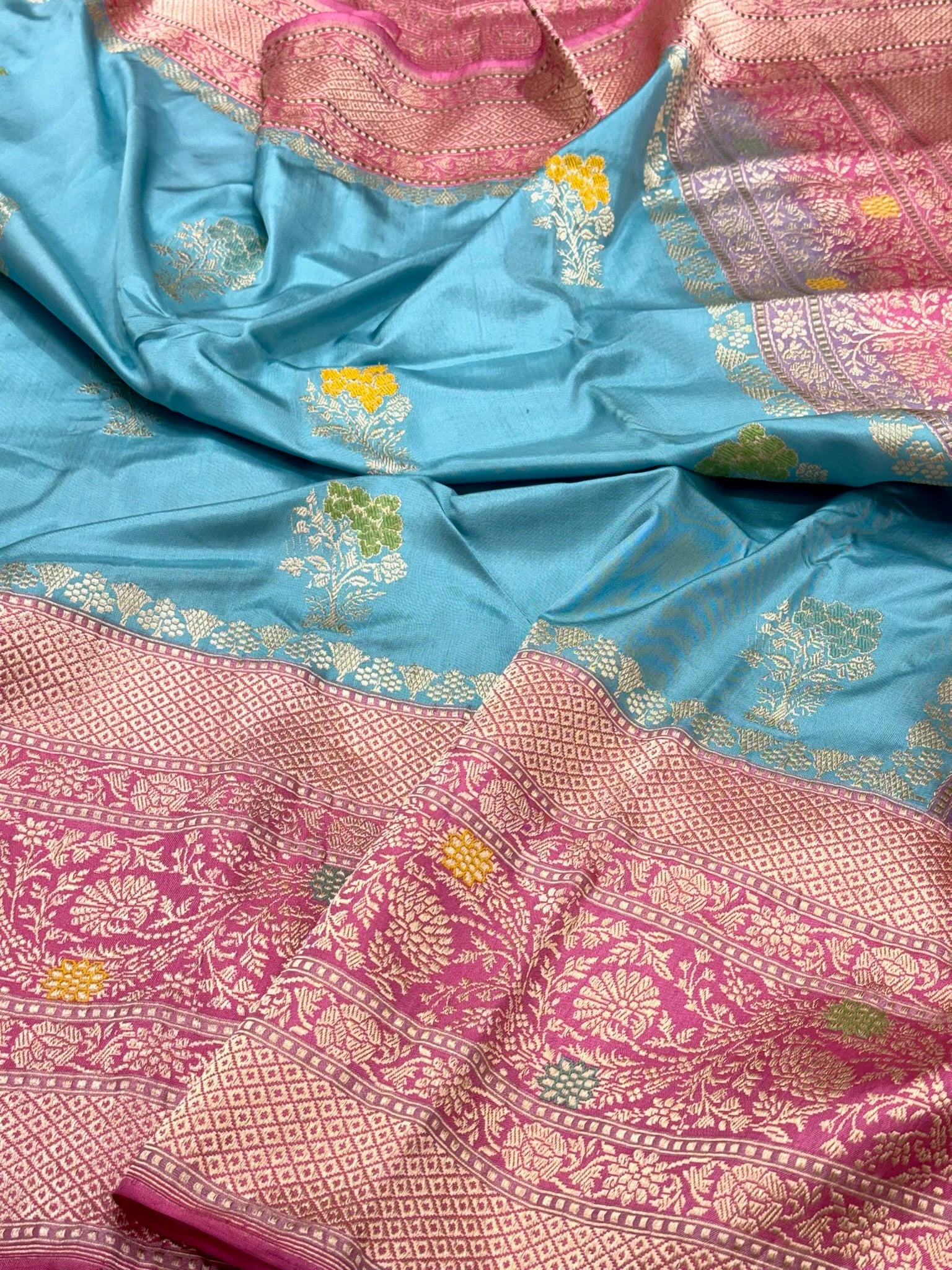 Aqua Blue Pure Mulberry Double Katan Silk | Kadhwa + Kadhiyal Weave | Handwoven Ektara Banarasi Saree - The Modern Heritage