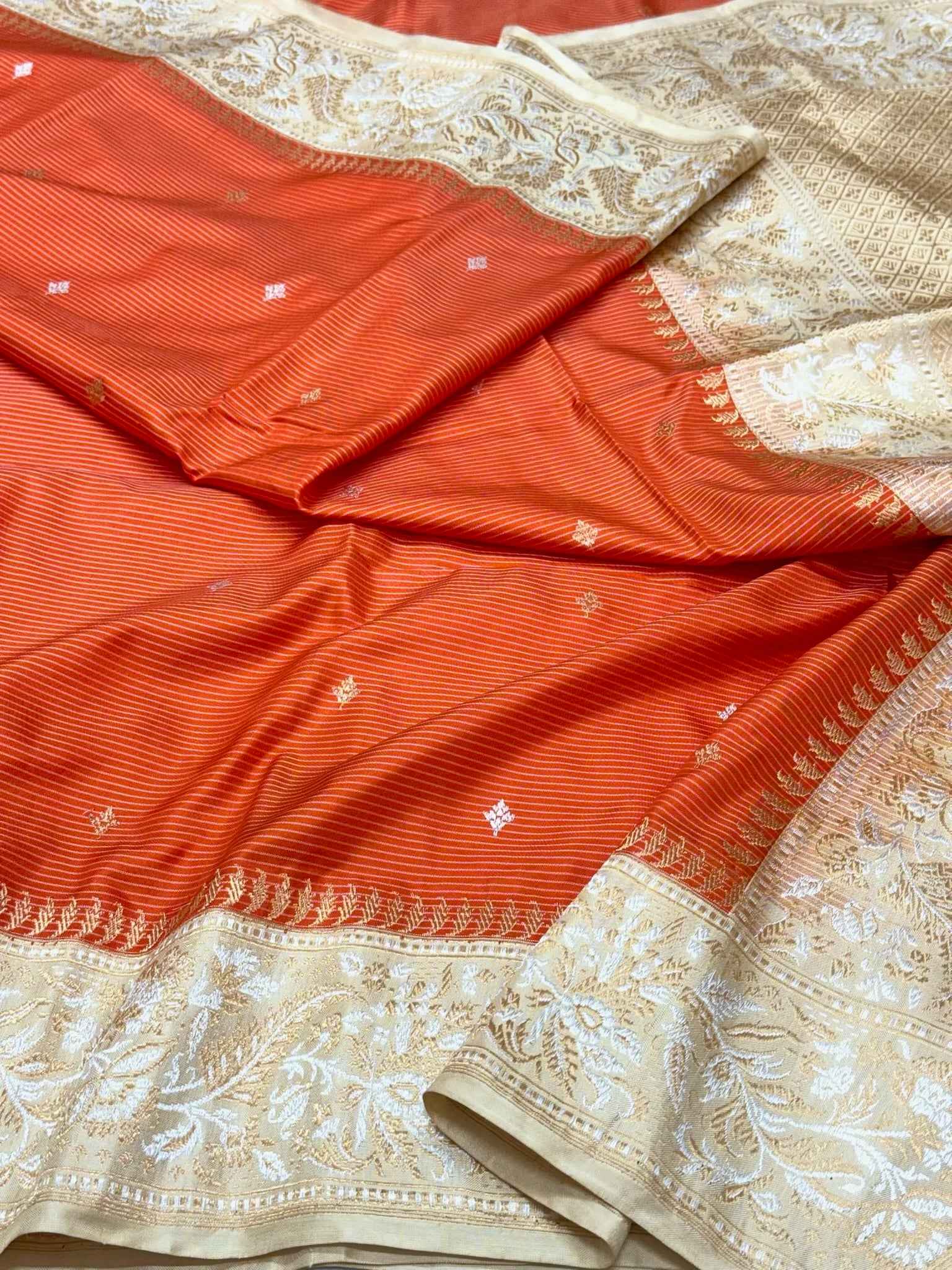 Rustic Orange Handwoven | Kadhwa + Kadhiyal Technique | Banarasi Saree - Pure Mulberry Double Katan Silk Ektara Banarasi Saree