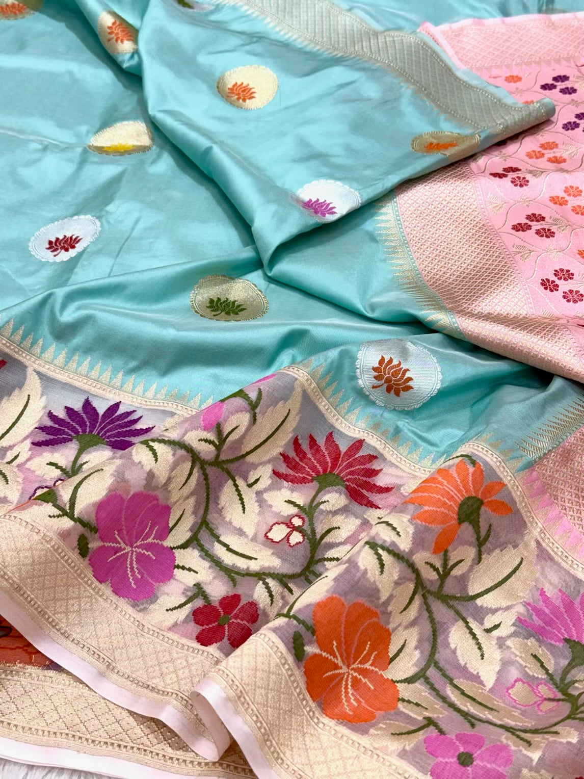 Sky Blue Pure Katan Silk Saree - Pure Mulberry Silk Handwoven ( Kadhwa Technique ) Banarasi Saree