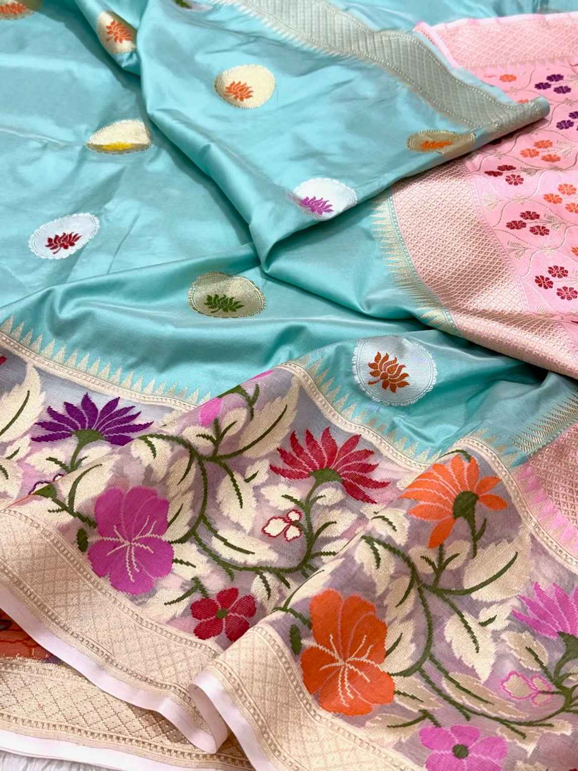 Sky Blue Pure Katan Silk Saree - Pure Mulberry Silk Handwoven ( Kadhwa Technique ) Banarasi Saree