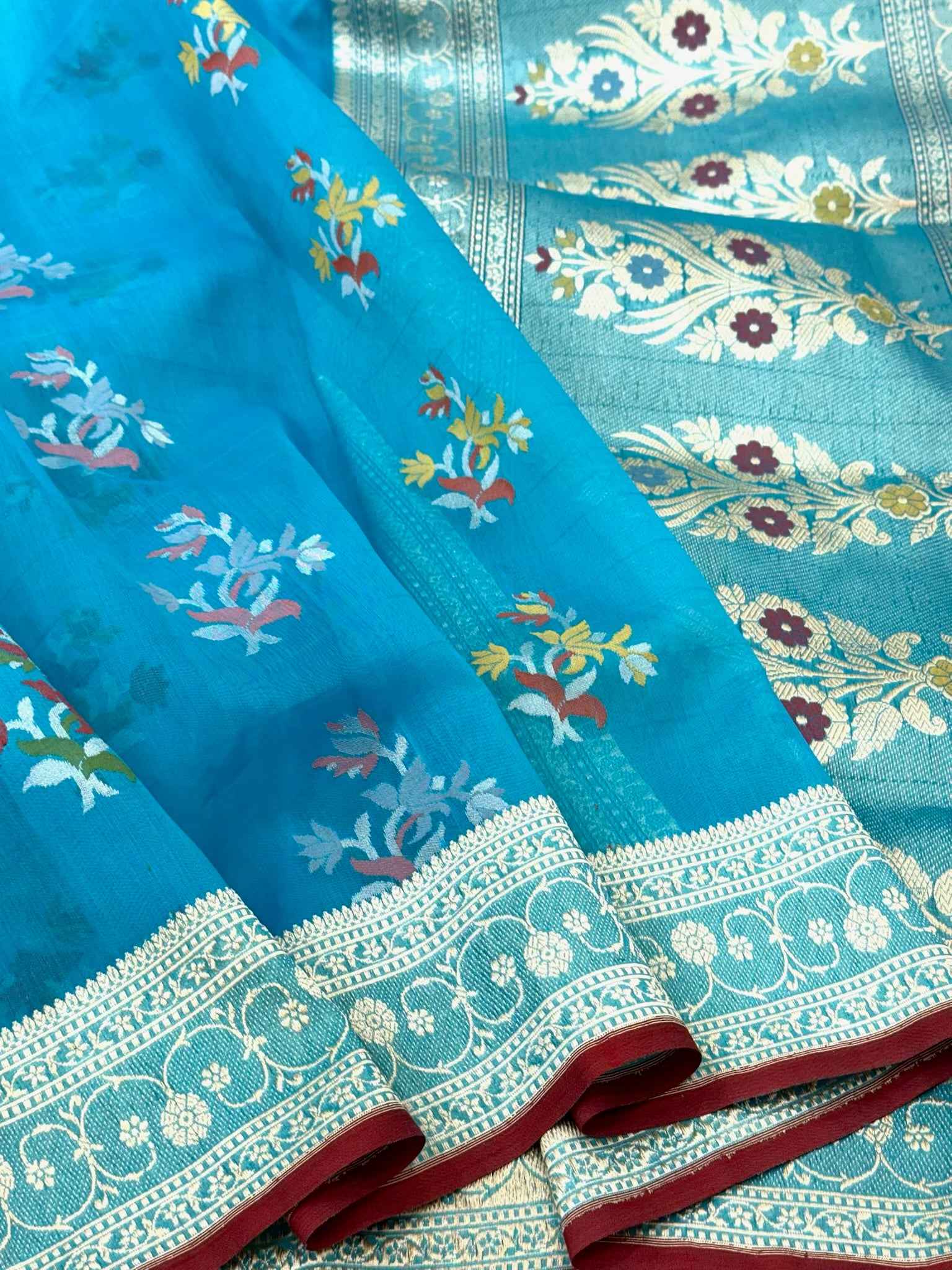 Blue Pure Kora Mulberry Silk handwoven Banarasi saree - Ektara Jamdani Weave