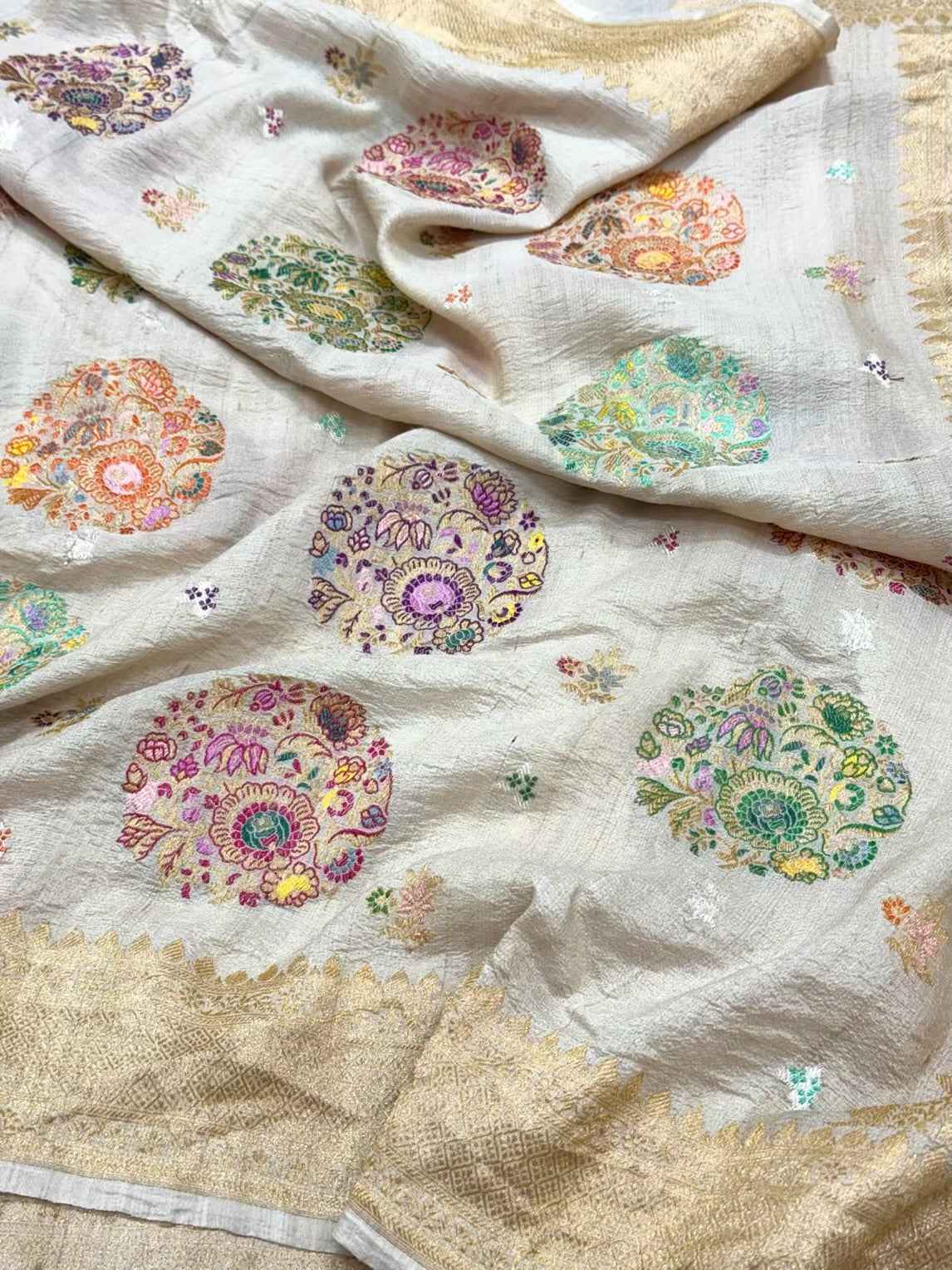 Natural Ivory Pure Tussar Georgette Silk - Kadhwa Technique Modern Masterpiece Banarasi Saree