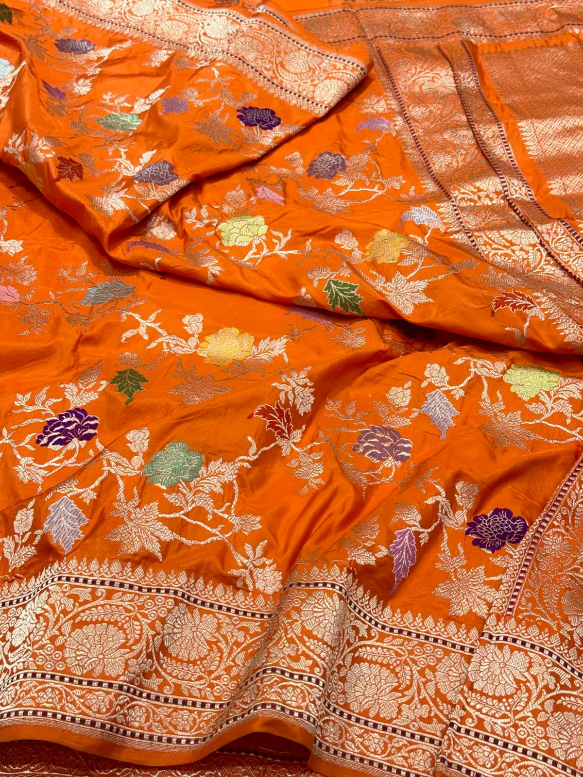 Orange Premium Banarasi Handwoven | Kadhwa Technique | Pure Double Katan Mulberry Silk Saree