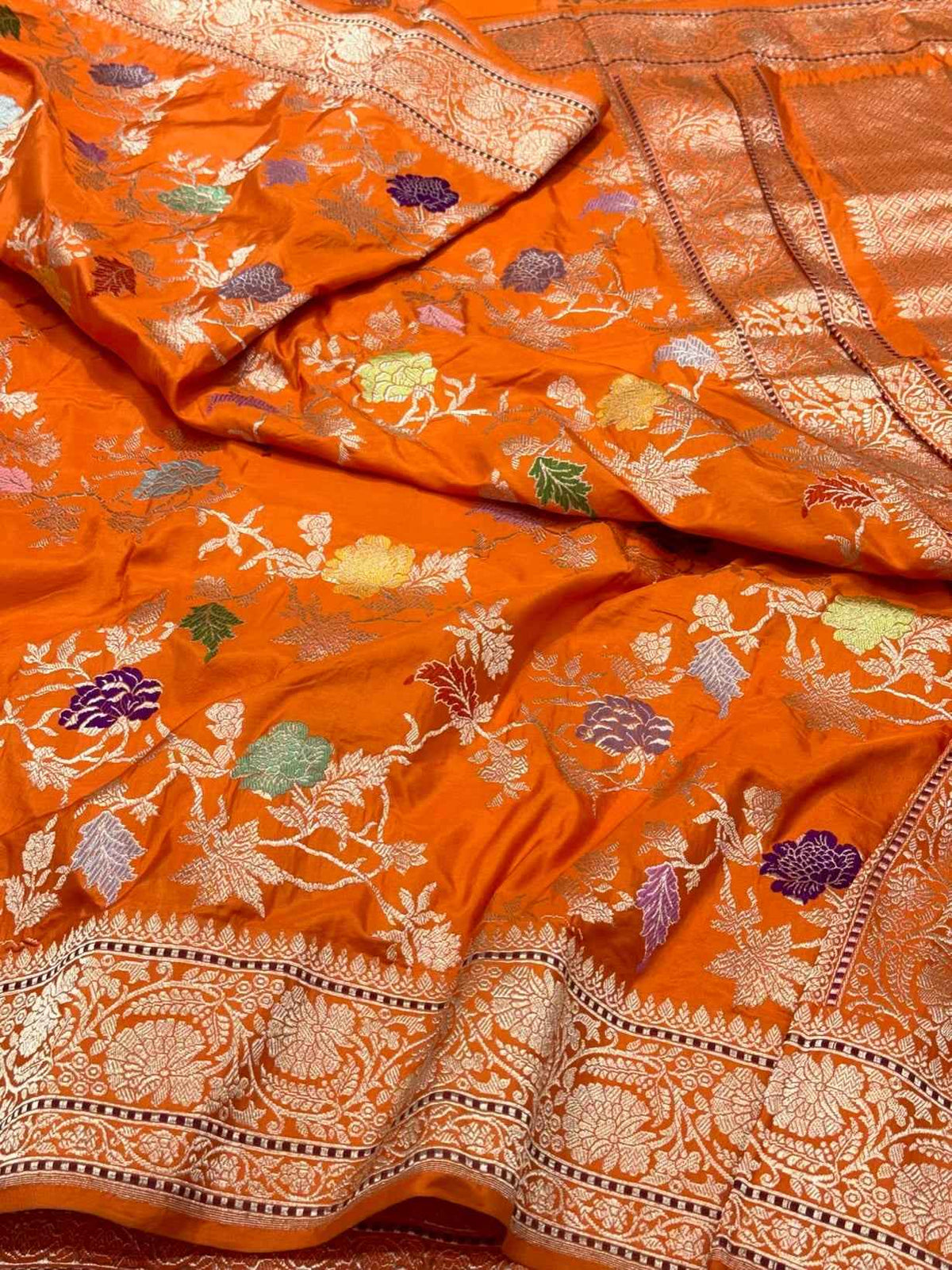 Orange Premium Banarasi Handwoven | Kadhwa Technique | Pure Double Katan Mulberry Silk Saree