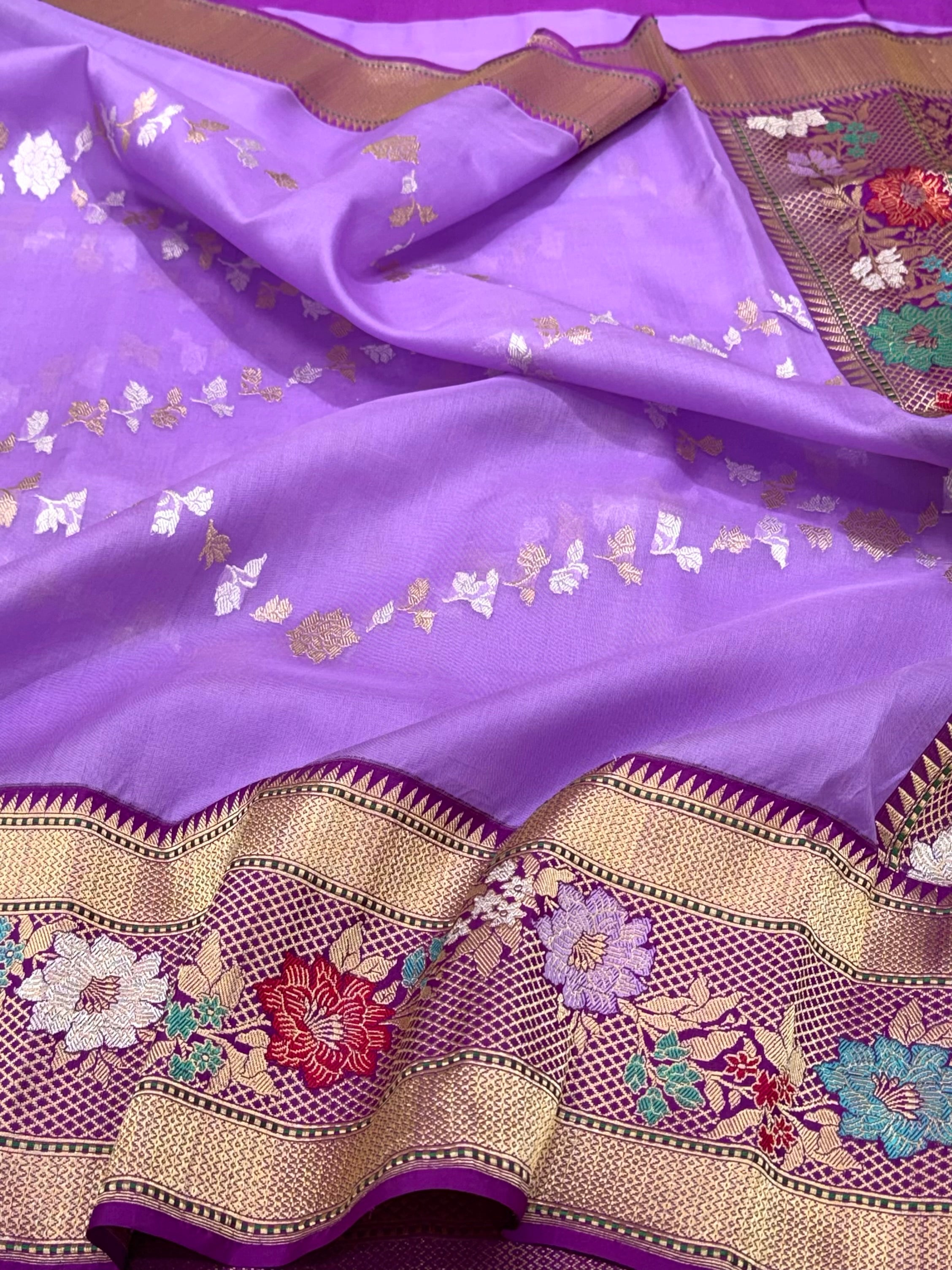 Lavender Pure Kora Silk Handwoven Banarasi Saree - Ektara Weave