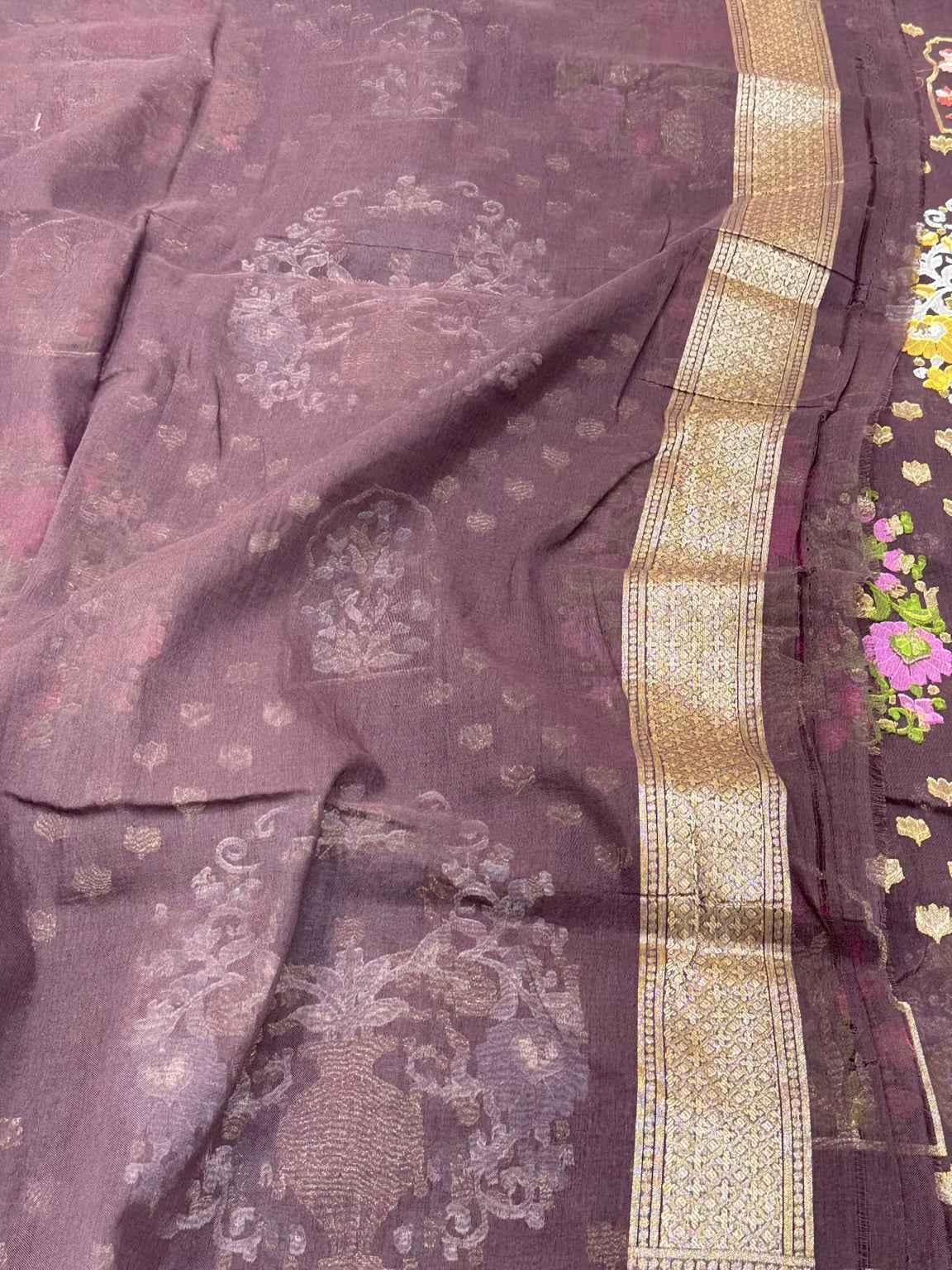 Wine Pure Muslin Cotton Handloom Banarasi Saree