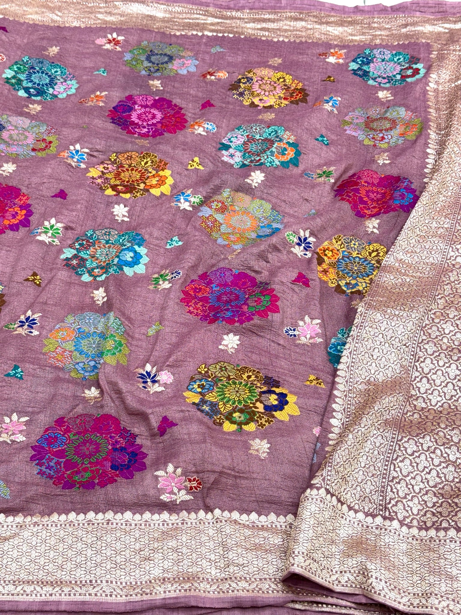 Mauve Pure Tussar Georgette Silk Handwoven Banarasi Saree