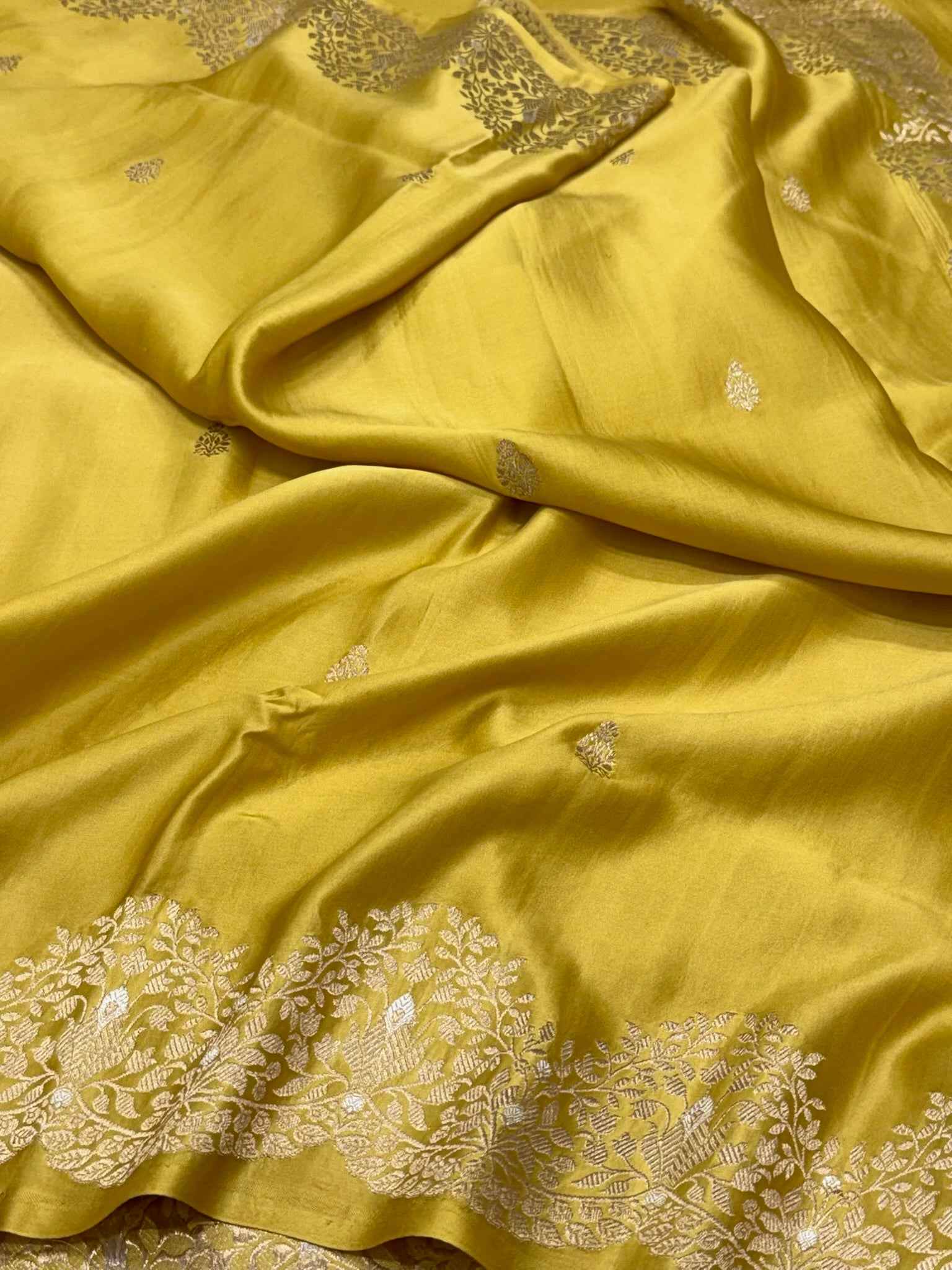 Mustard Yellow Banarasi Saree - Pure Mashru Satin Silk Handwoven Contemporary Banarsi Saree