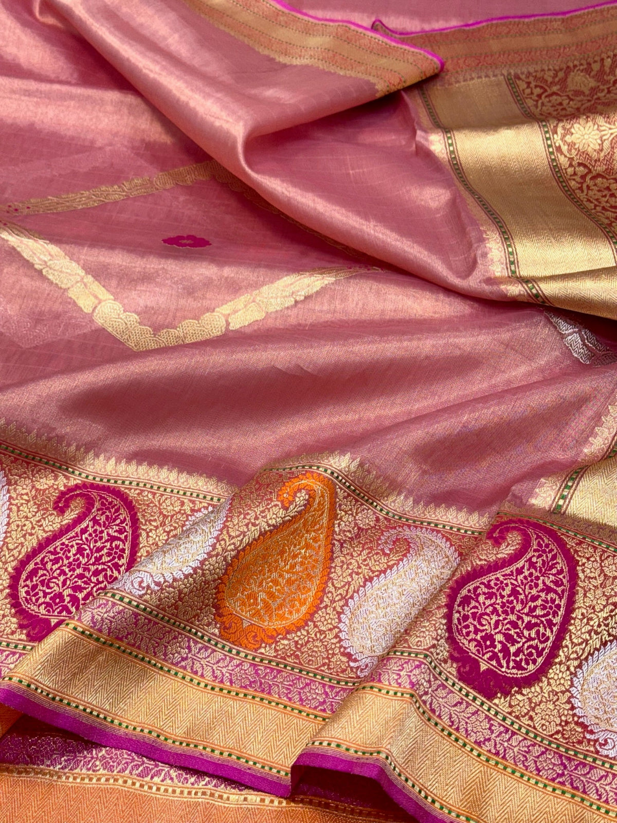 Rose Gold Pink Pure Kora Tissue Ektara Weave Handwoven Banarasi Silk Saree