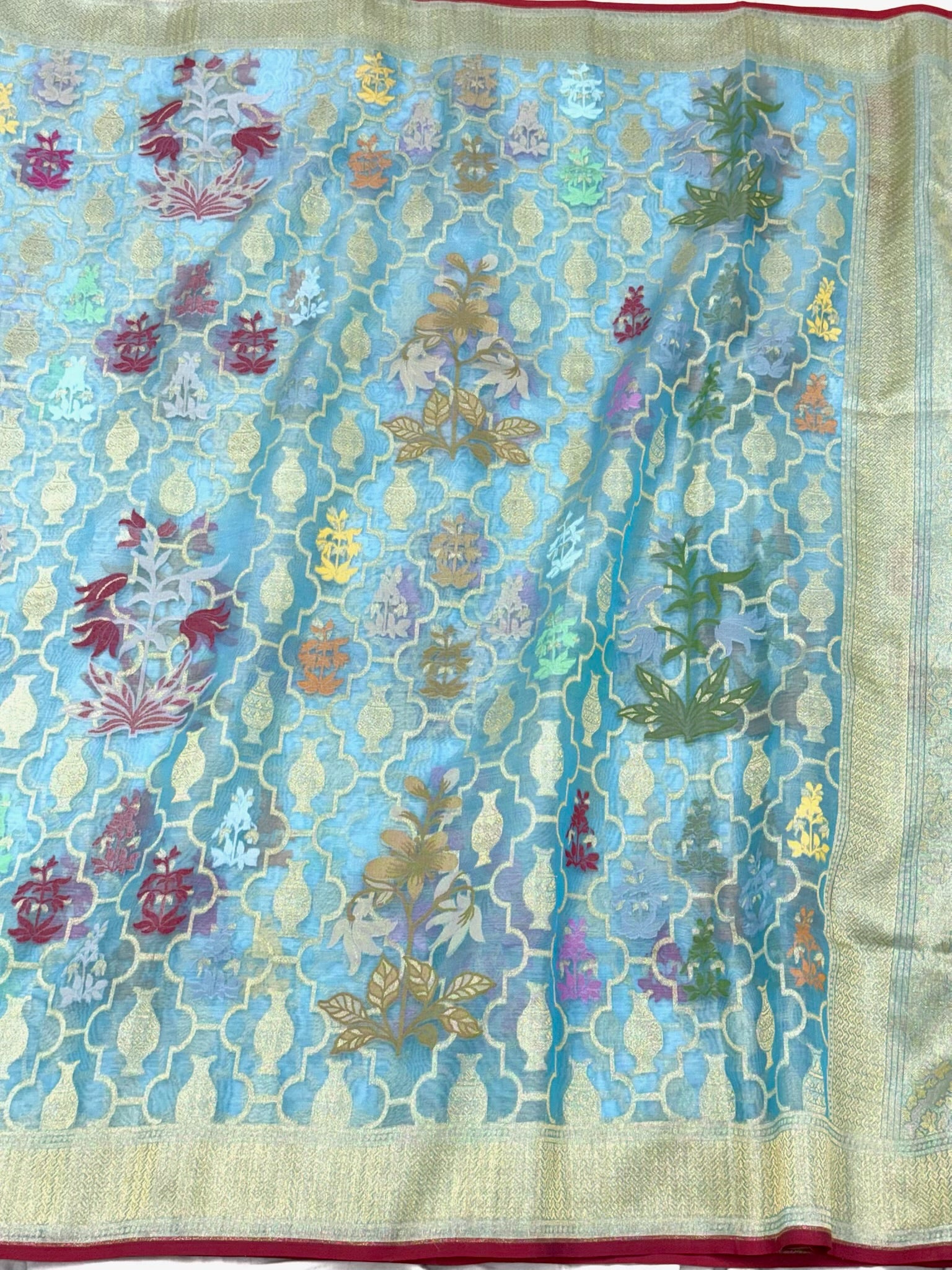 Sky Blue Pure Mulberry Kora ( Organza ) Silk Ektara Jamdani Handloom Banarasi Saree