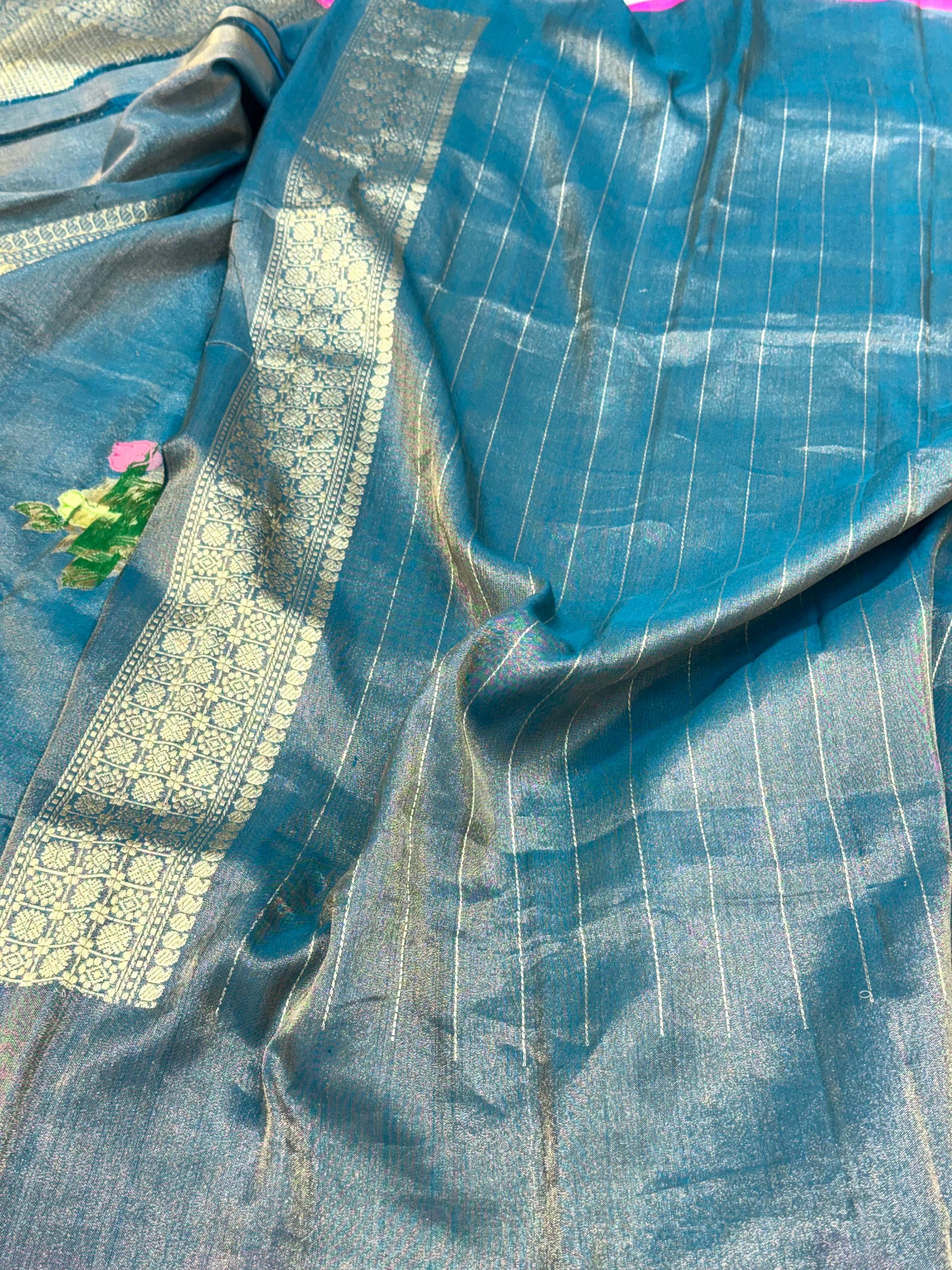 Peacock Blue Pure Double Katan Tissue Silk Ektara Handwoven Banarasi Saree