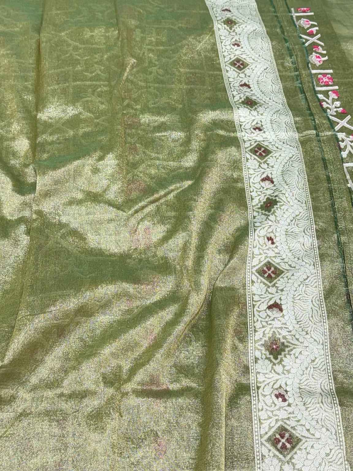 Mehendi Green Pure Muslin Cotton Saree |Ektara Jamdani Handloom Banarasi Saree