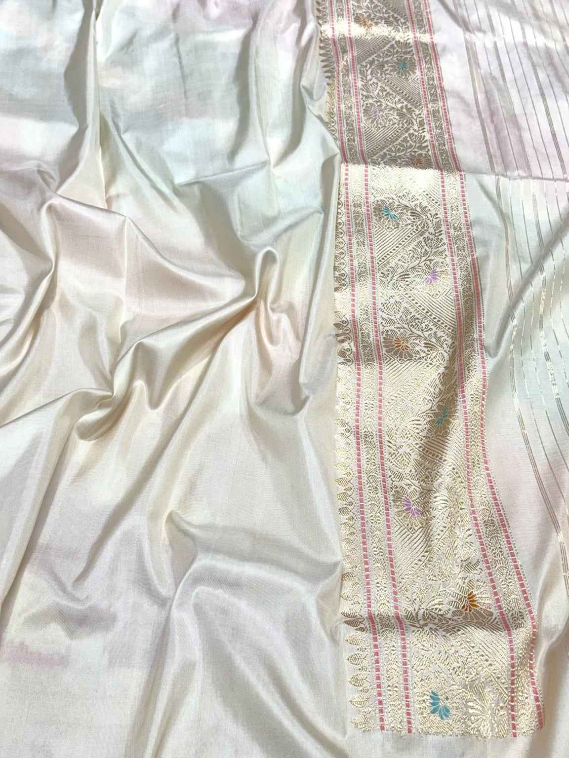 Beige Pure Katan Mulberry Silk | Kadhwa Weave | Banarasi Handwoven Modern Saree