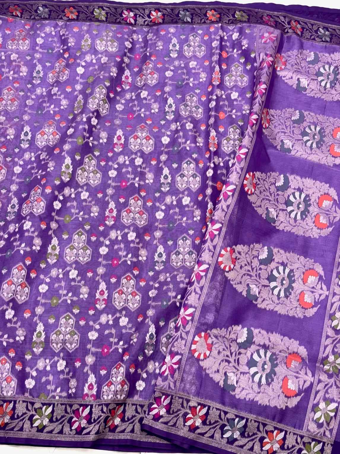 Lavender Pure Organza Mulberry Silk Saree - Ektara Weave | 100% Pure Kora Silk| Handwoven Banarasi Saree