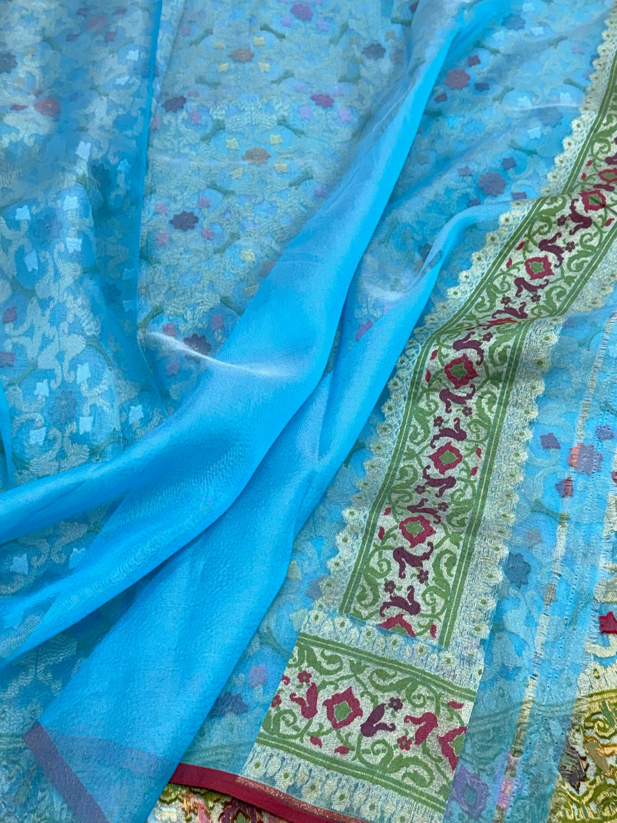 Sky Blue Pure Kora Mulberry Silk Jamdani | Ektara Technique | Handloom Modern Lightweight Banarasi Saree