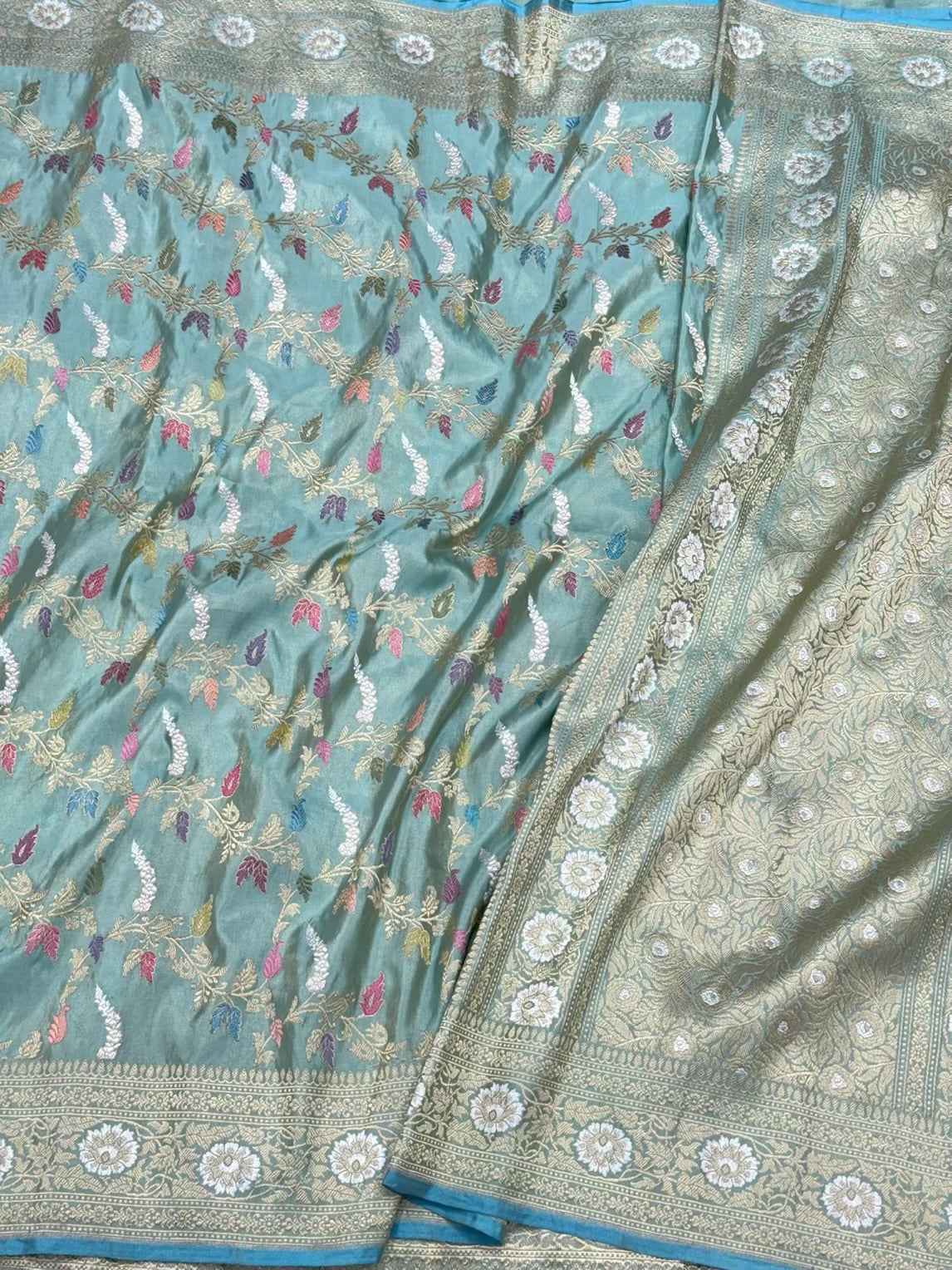 Turquoise Blue Pure Katan Silk Saree - Pure Tissue Silk Handwoven Saree | Premium Kadhwa Weave Banarasi Silk Saree