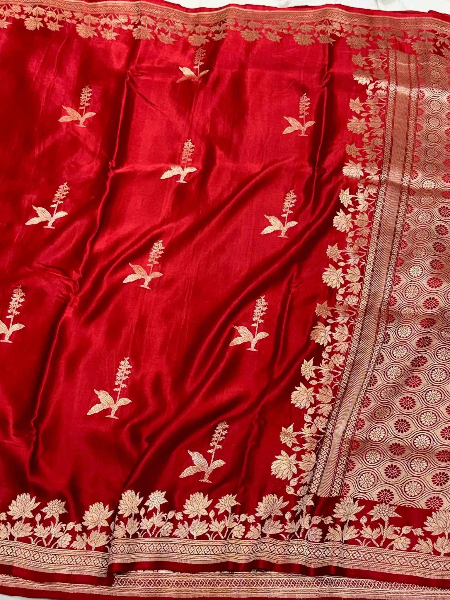 Deep Red Pure Mashru Satin Silk Handwoven Banarasi Saree - Sheer Sophistication