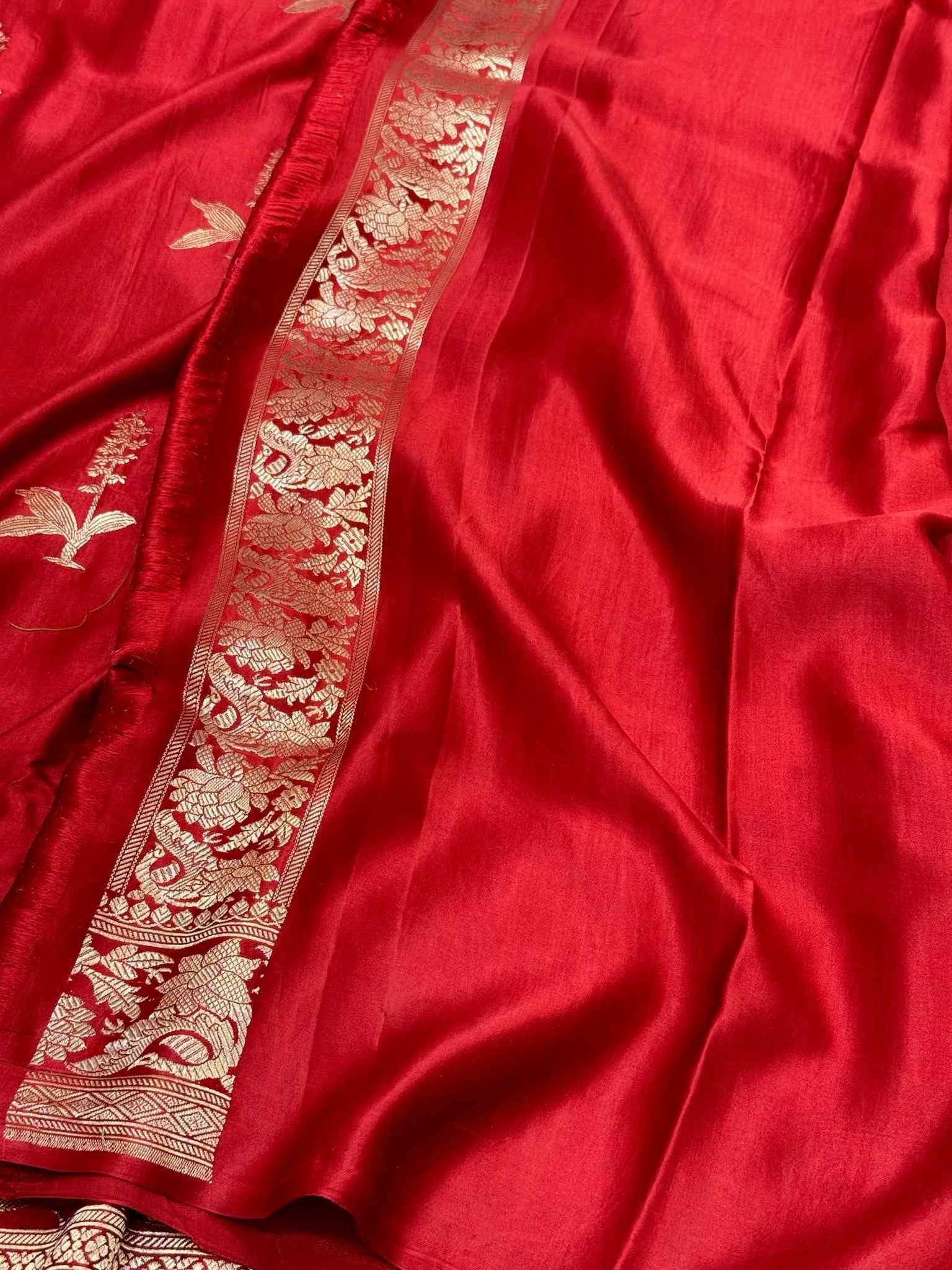Deep Red Pure Mashru Satin Silk Handwoven Banarasi Saree - Sheer Sophistication