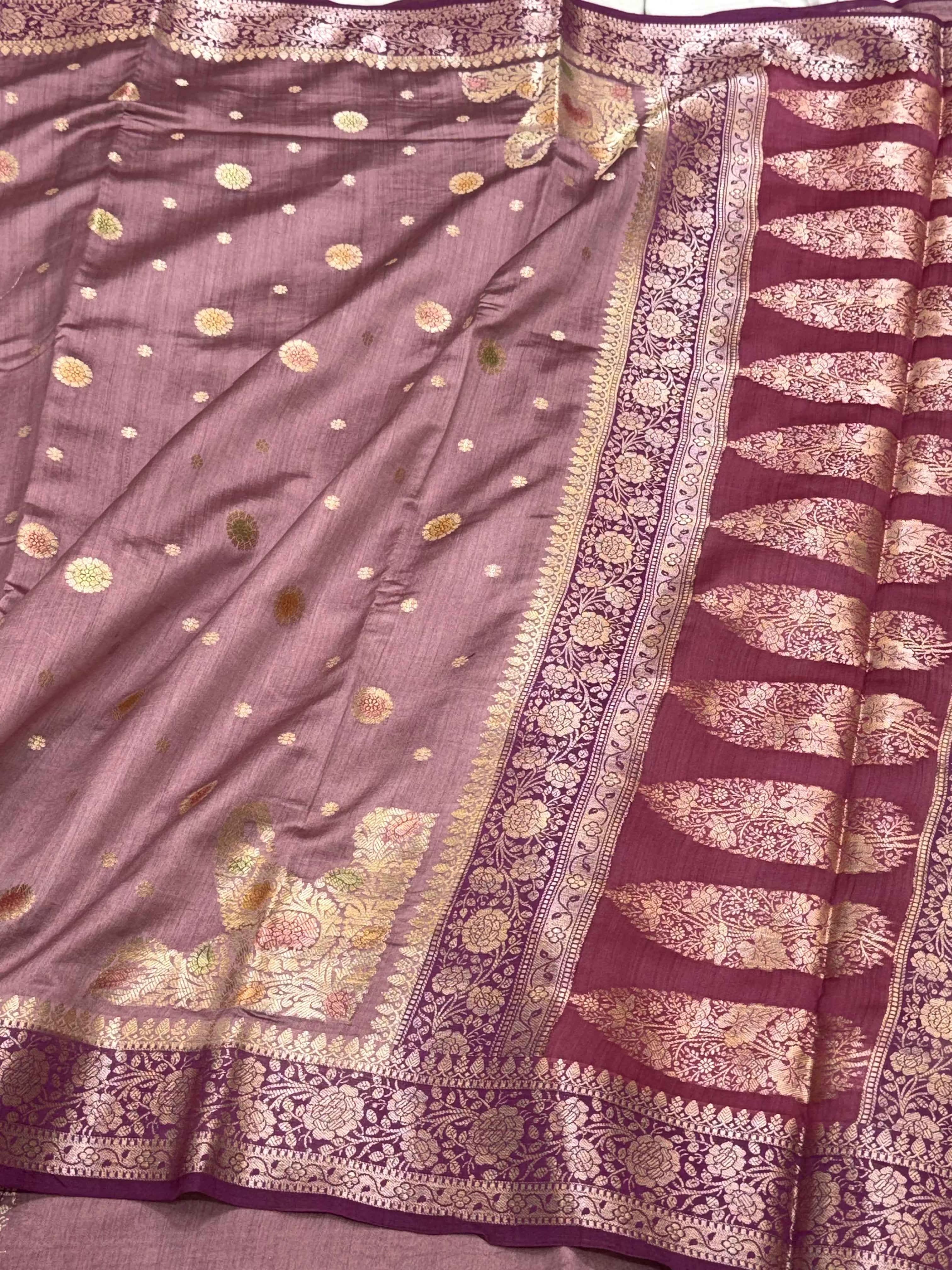 Dusty Rose Pink Pure Mulberry Chiniya Silk Handloom Banarasi Saree - Soft Drape