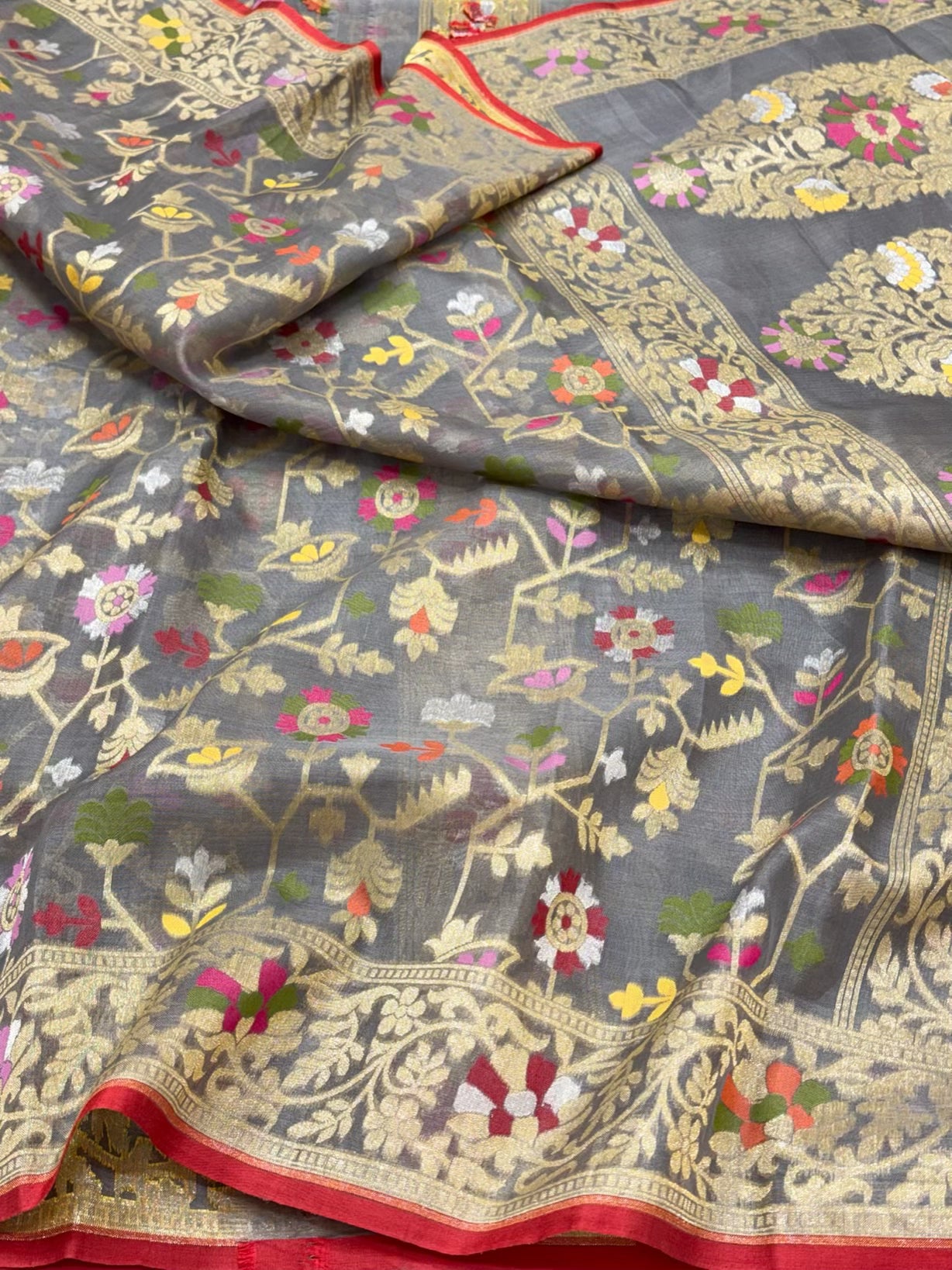 Elephant Grey Pure Mulberry Kora Jamdani Handloom Modern Banarasi Lightweight Saree - Ektara Weave