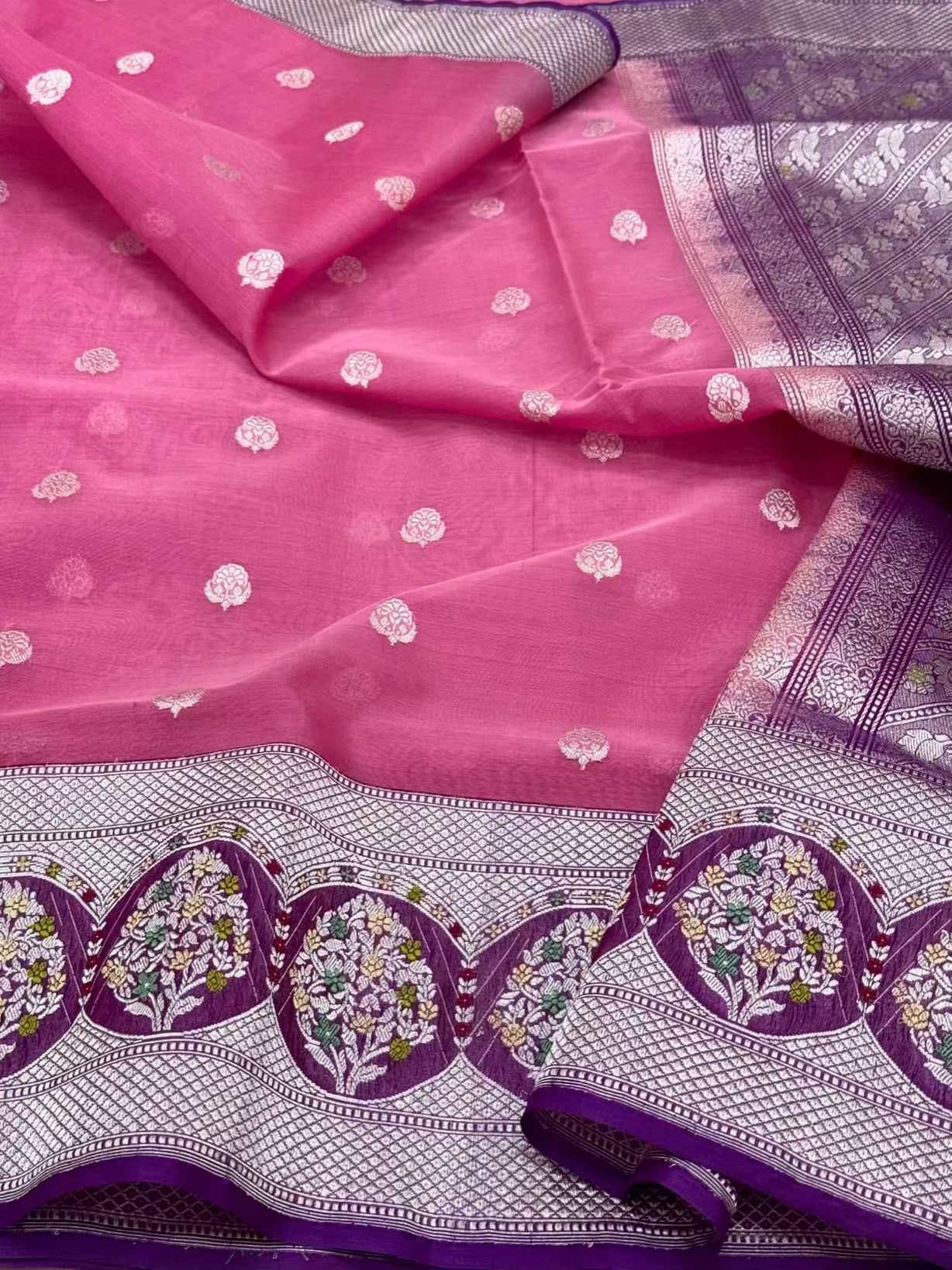 Mulberry Pink Handwoven Banarasi Saree - Kadhwa Weave |Pure Kora Mulberry Silk Banarasi Saree