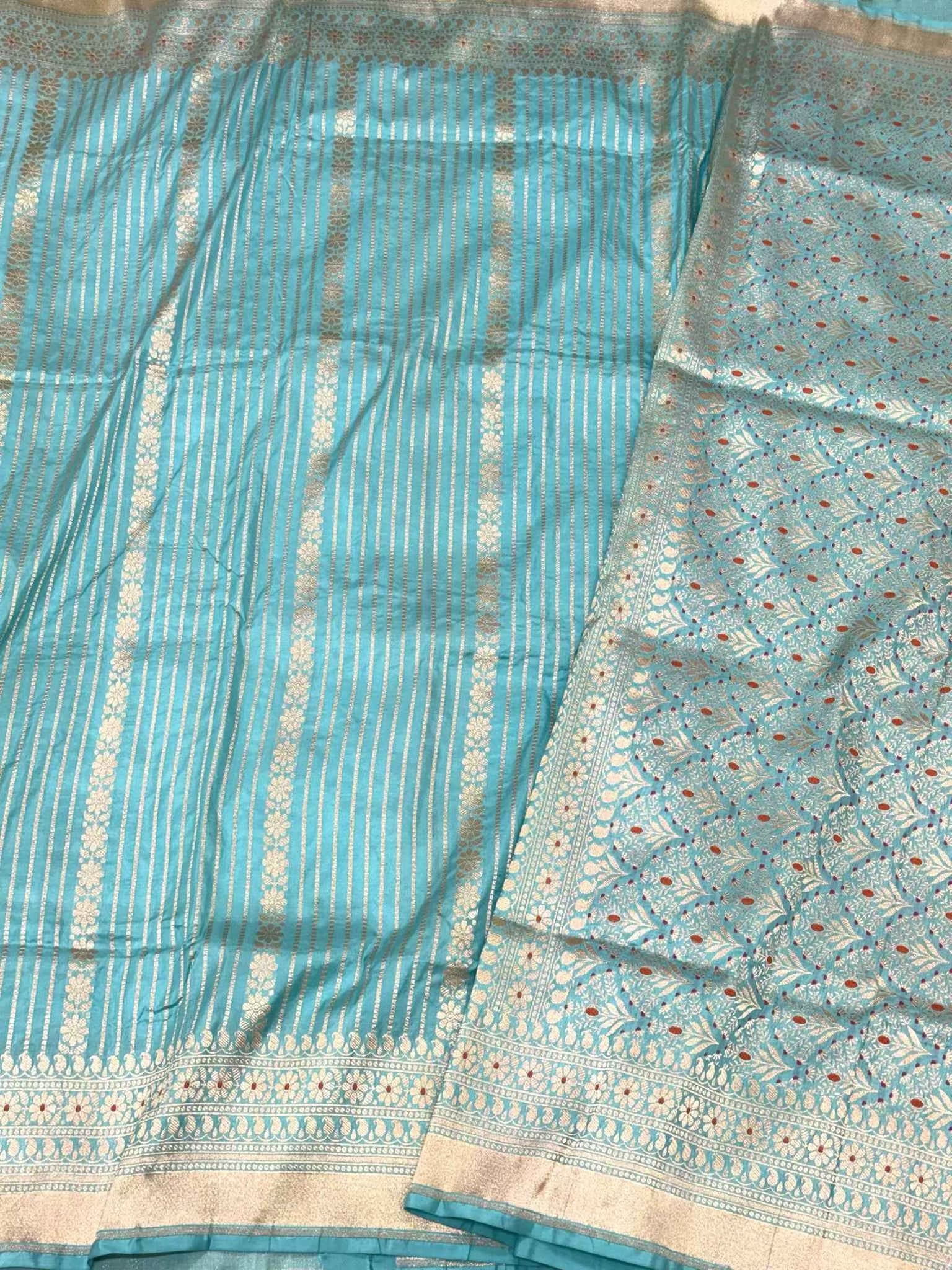 Sky Blue Pure Mulberry Katan Silk Handloom Banarasi Modern Saree