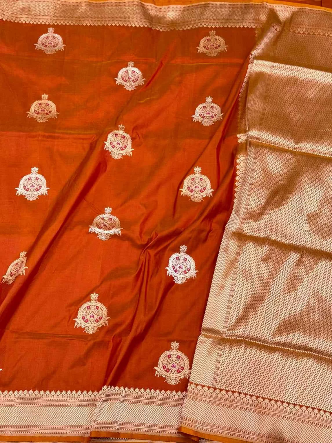 Rust Orange 100% Pure Katan Silk Saree - 100% Pure Mulberry Silk | Kadhwa Handwoven Banarasi Saree