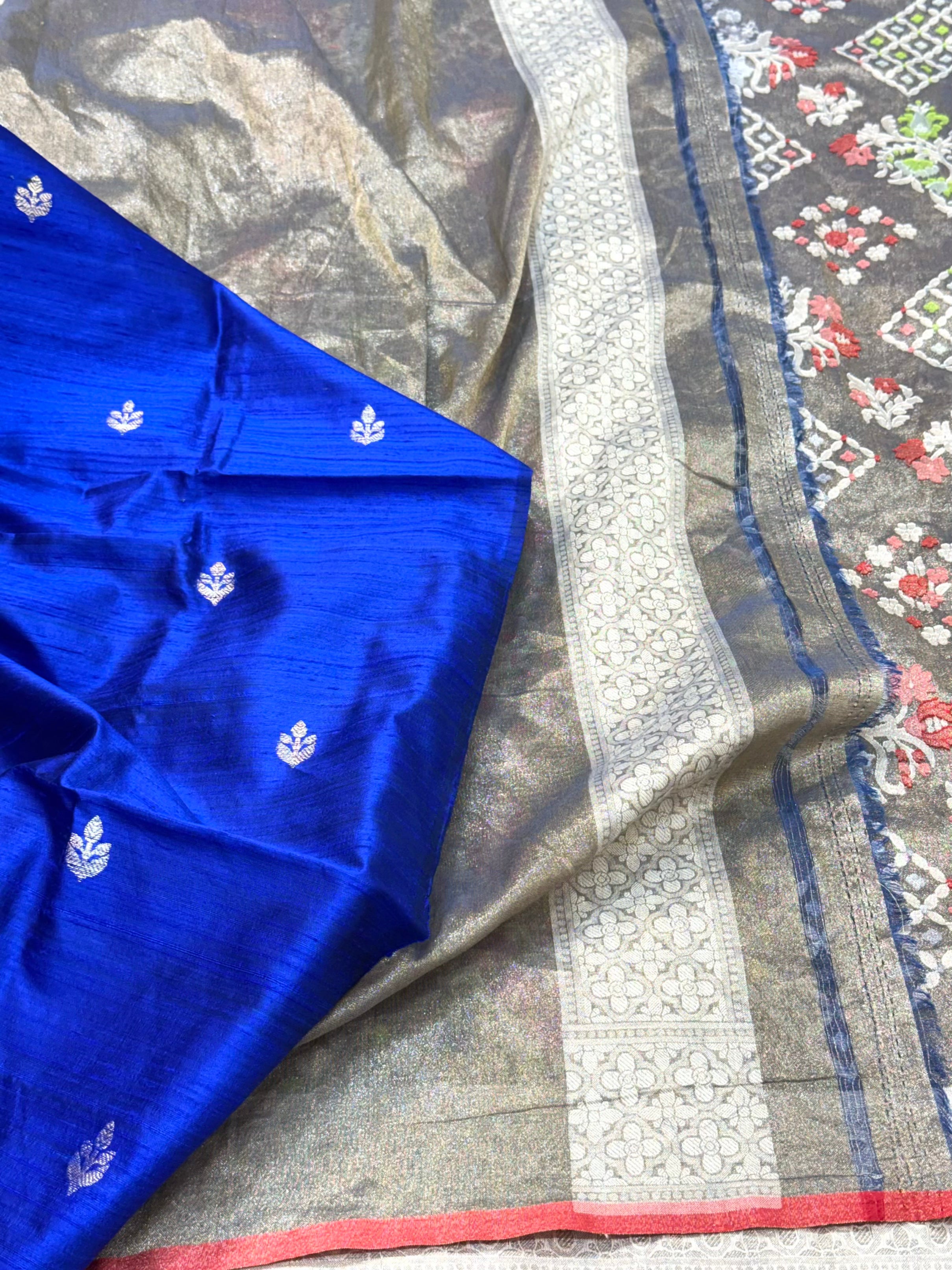 Water Gold Pure Muslin Cotton Tissue Jamdani Ektara Weave Handloom Banarasi Saree