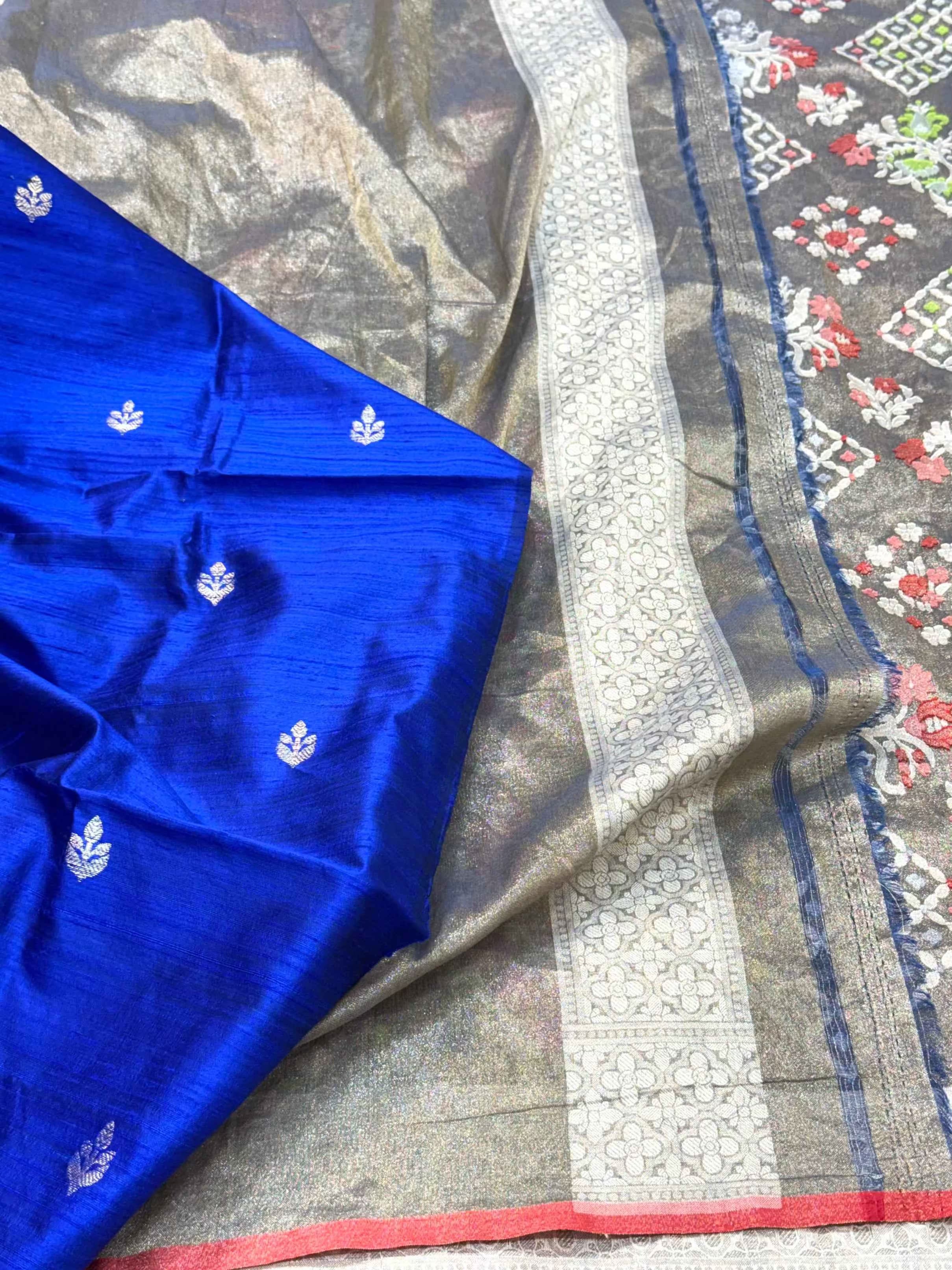 Water Gold Pure Muslin Cotton Tissue Jamdani Ektara Weave Handloom Banarasi Saree