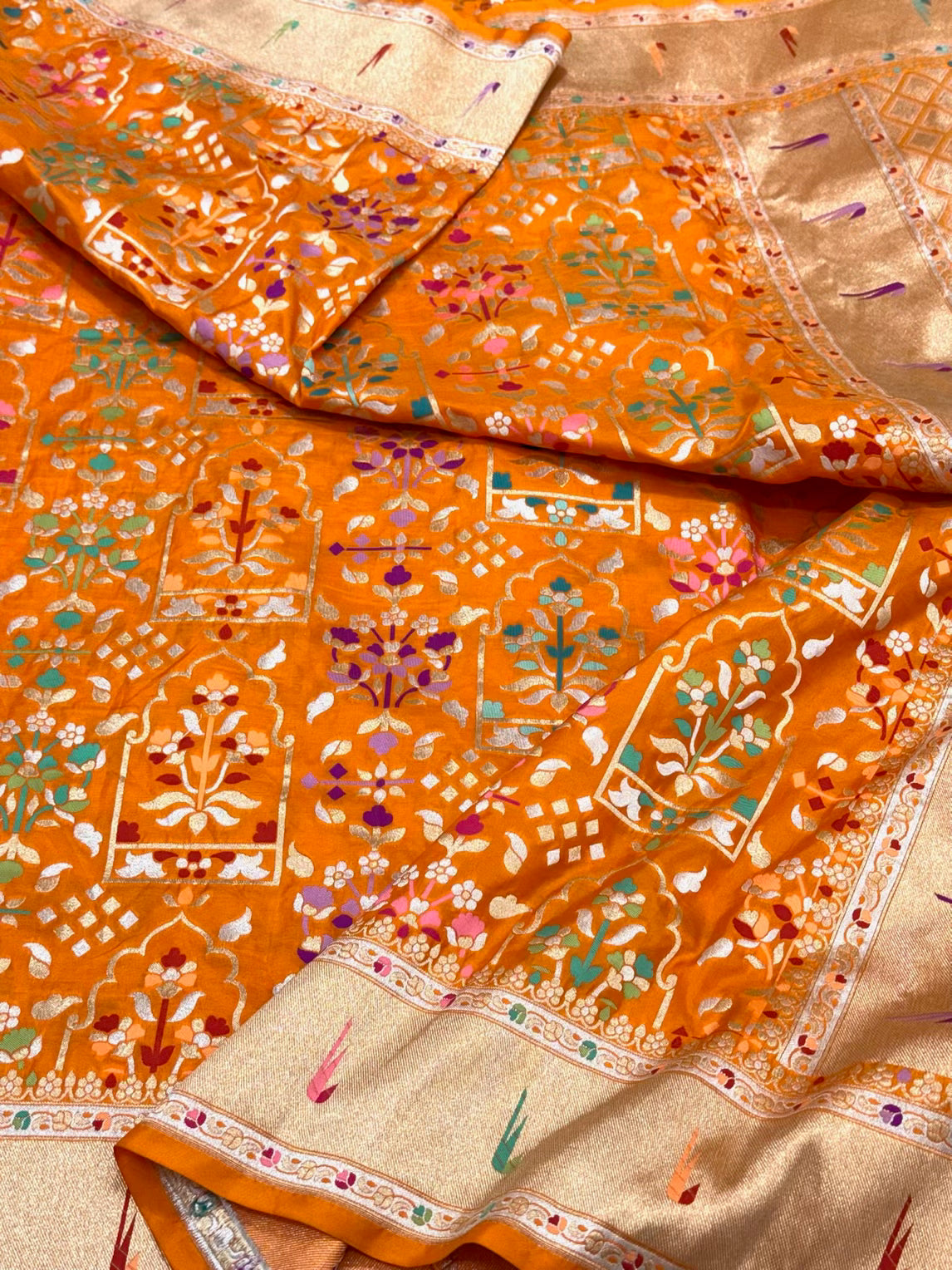 Orange Pure Mulberry Silk Saree | Pure Katan Silk Jamdani Inspired Saree