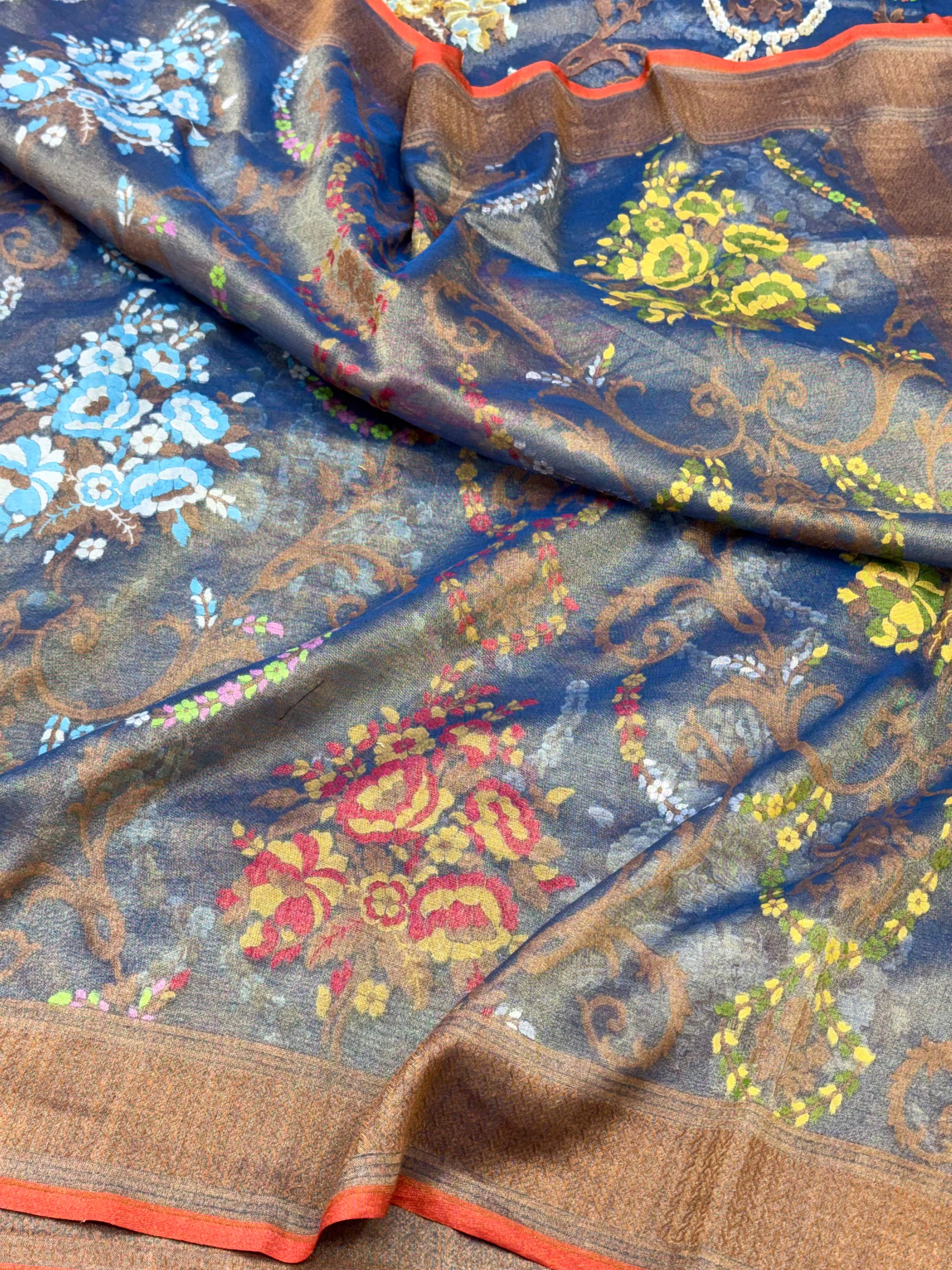 Blue Pure Tissue Silk | Pure Cotton Tissue Jamdani Handloom Modern Banarasi Lightweight Saree