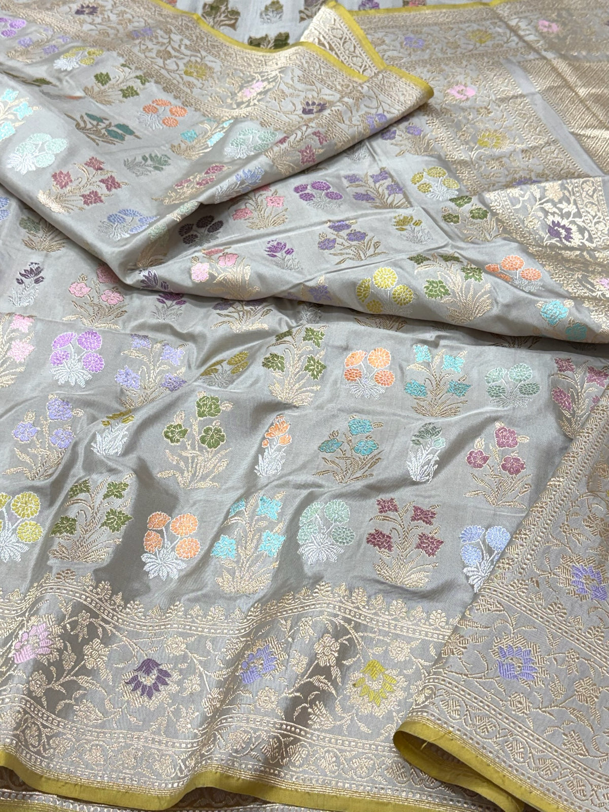 Steel Grey Banarasi Pure Double Katan Mulberry Silk Handwoven Modern Saree | Kadhwa Technique