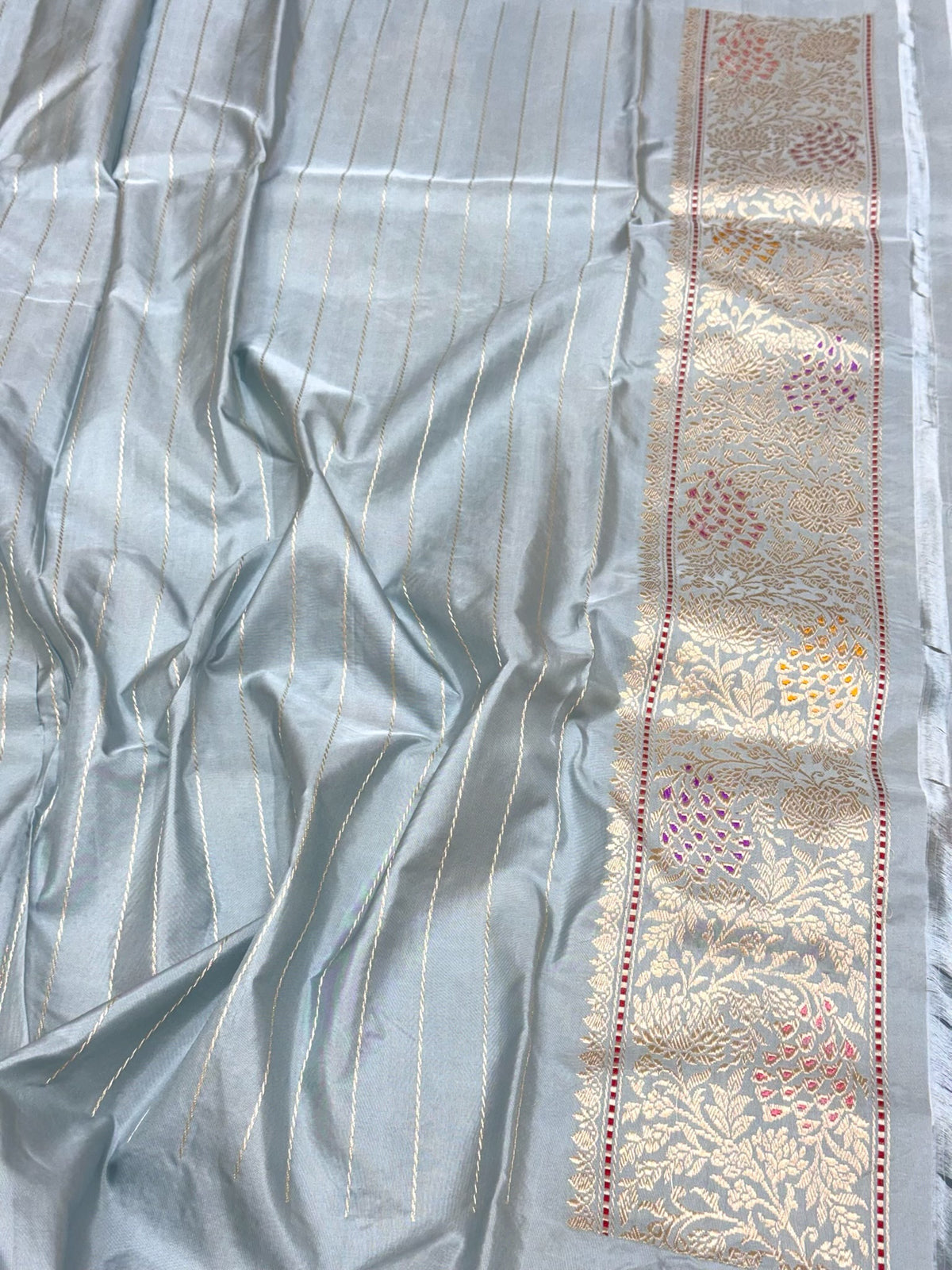 Dusty Blue Luxury Banarasi Saree | Pure Mulberry Silk & Pure Double Katan Silk - Kadhwa Technique Banarasi Saree - The Luxe Edit