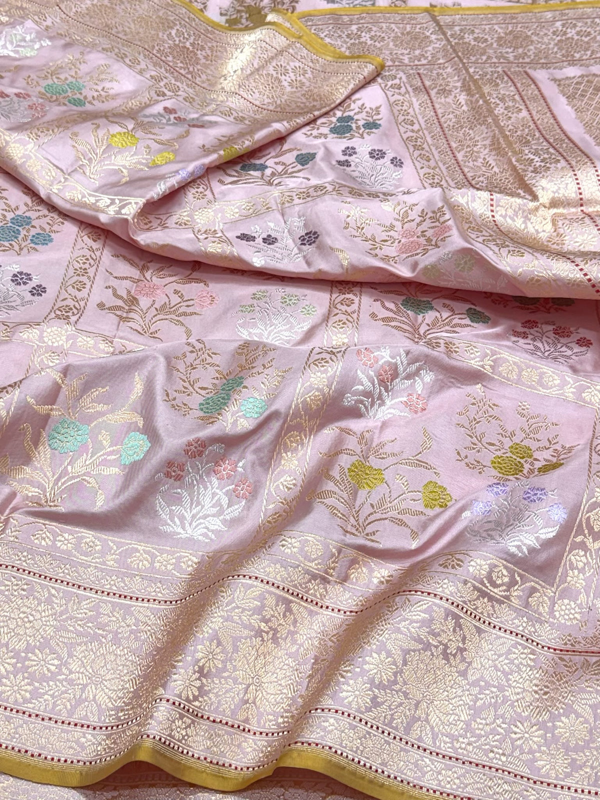 Baby Pink Pure Mulberry Double Katan Silk | Kadhwa Technique | Handwoven Banarasi Saree - The Luxury Drape