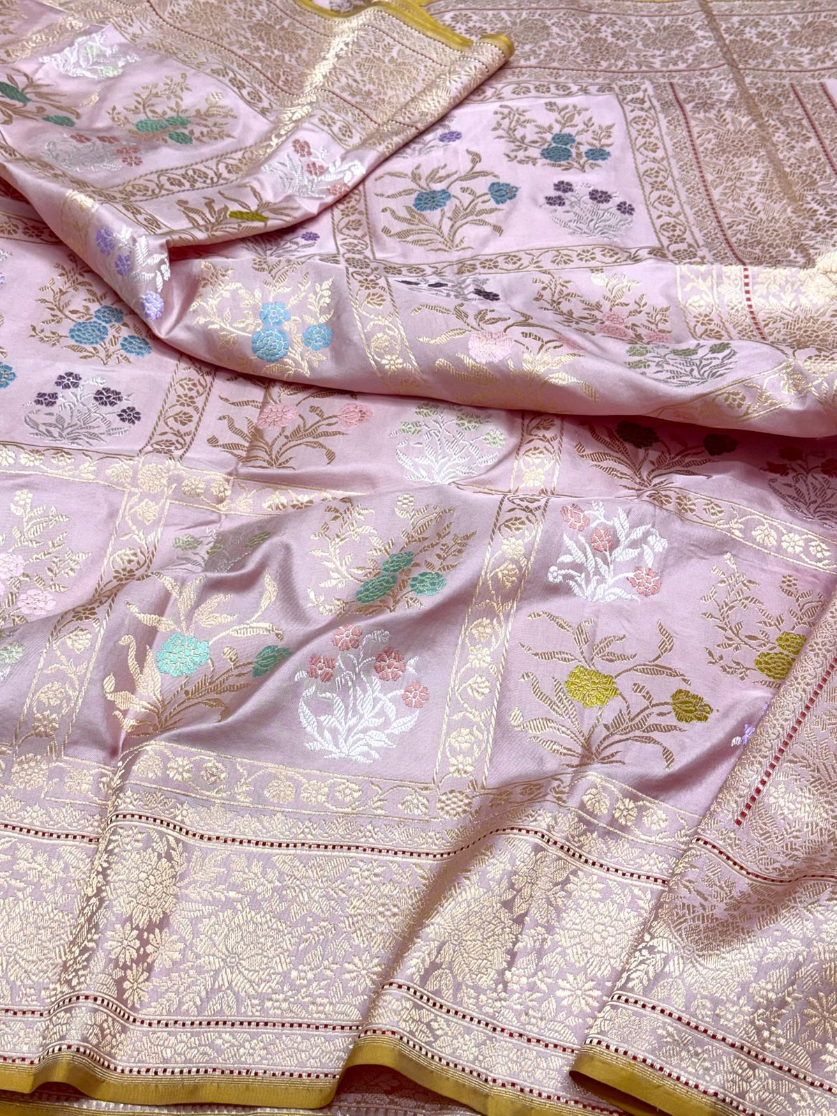Baby Pink Pure Mulberry Double Katan Silk | Kadhwa Technique | Handwoven Banarasi Saree - The Luxury Drape