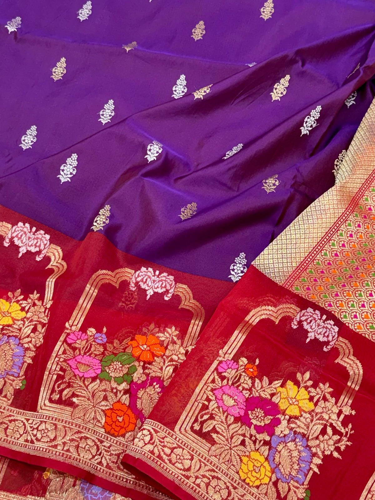 Purple Pure Katan Mulberry Silk Handwoven | Kadhwa + Kadhiyal Technique | Elegant Lightweight Banarasi Saree