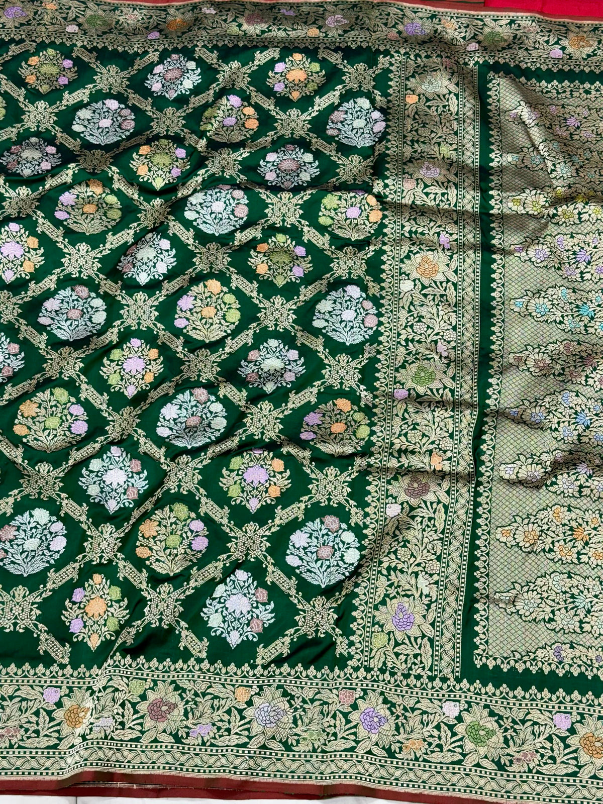 Bottle Green Pure Double Mulberry Katan Silk | Kadhwa Technique | Handwoven Banarasi Saree - New Era Of Saree Glamour