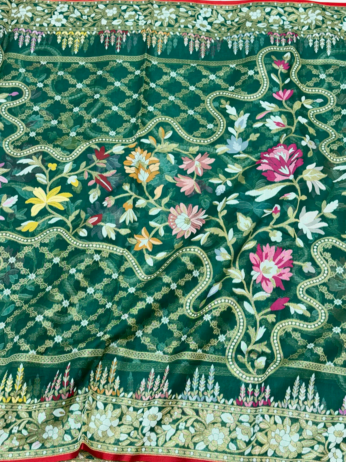 Emerald Green Pure Kora Organza Silk Handloom Contemporary Banarasi Ektara Jamdani Saree - The Couture Drape