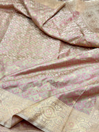 Beige Pure Satin Silk Handwoven Soft Drape Banarasi Tanchoi Saree