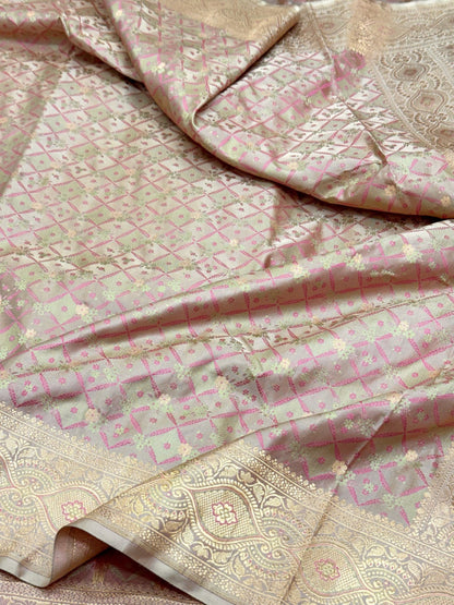 Beige Pure Satin Silk Handwoven Soft Drape Banarasi Tanchoi Saree